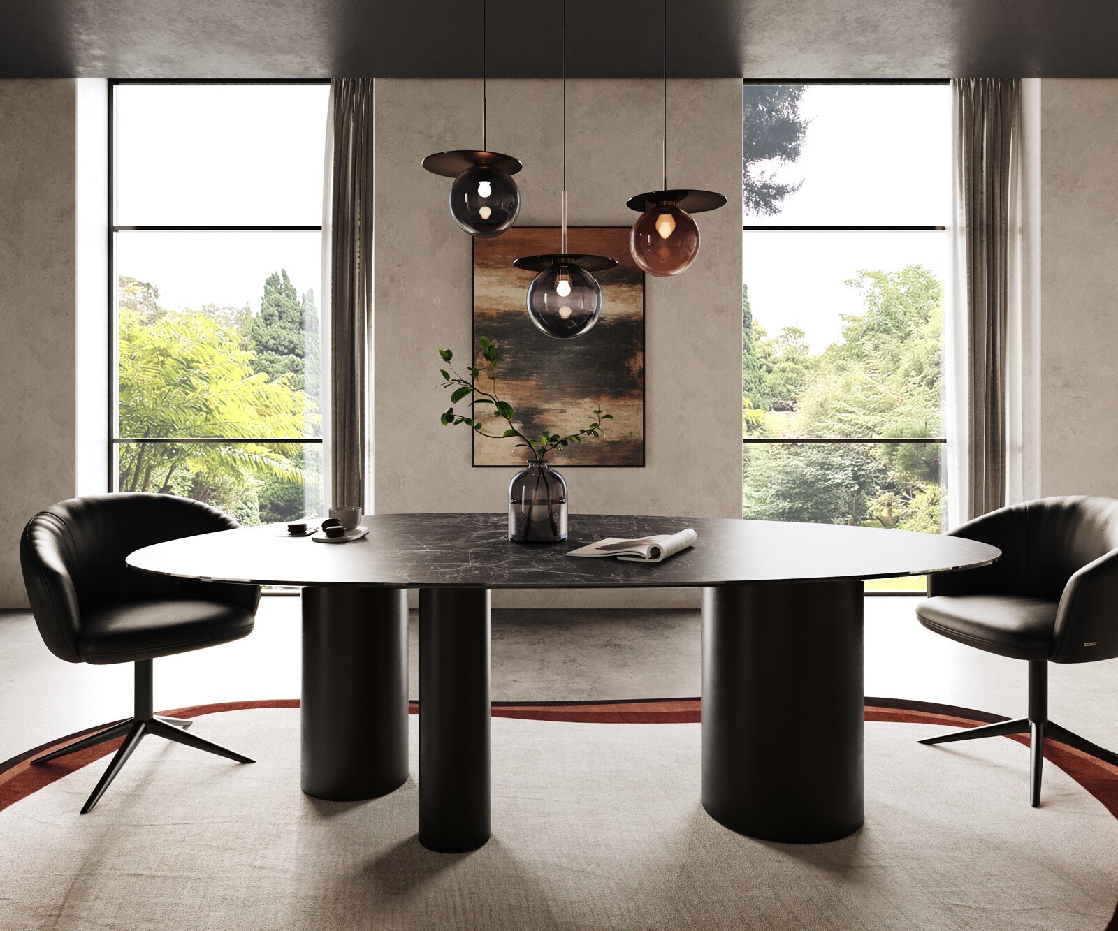 Трапезна маса Edge Oval 220x120, керамика Laminam „®“, „Nero Greco“, „Anthrazit“, „Troa“, метал, черно 2