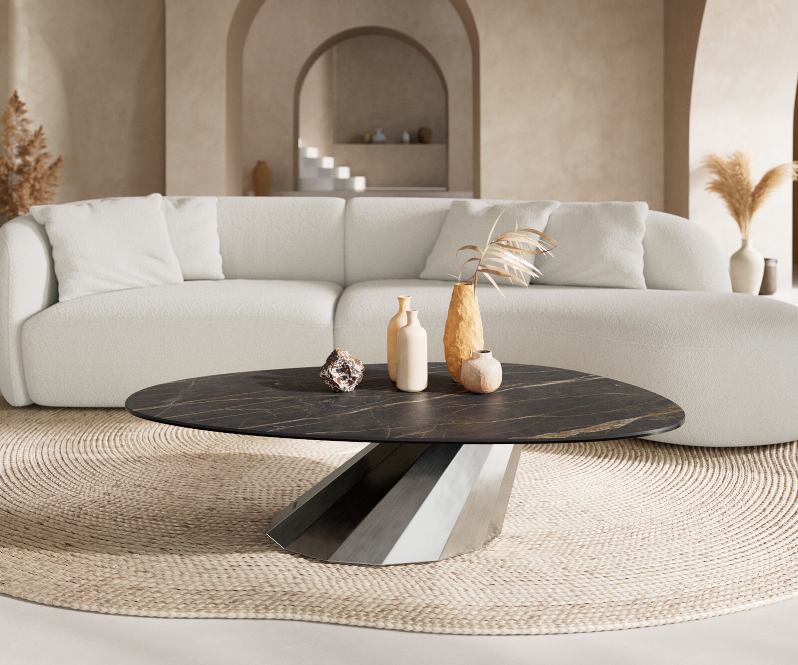 Масичка за кафе Edge Oval 140x75 cm Ceramic Laminam® Noir Desir Brown Parabi Матирана неръждаема стомана 2