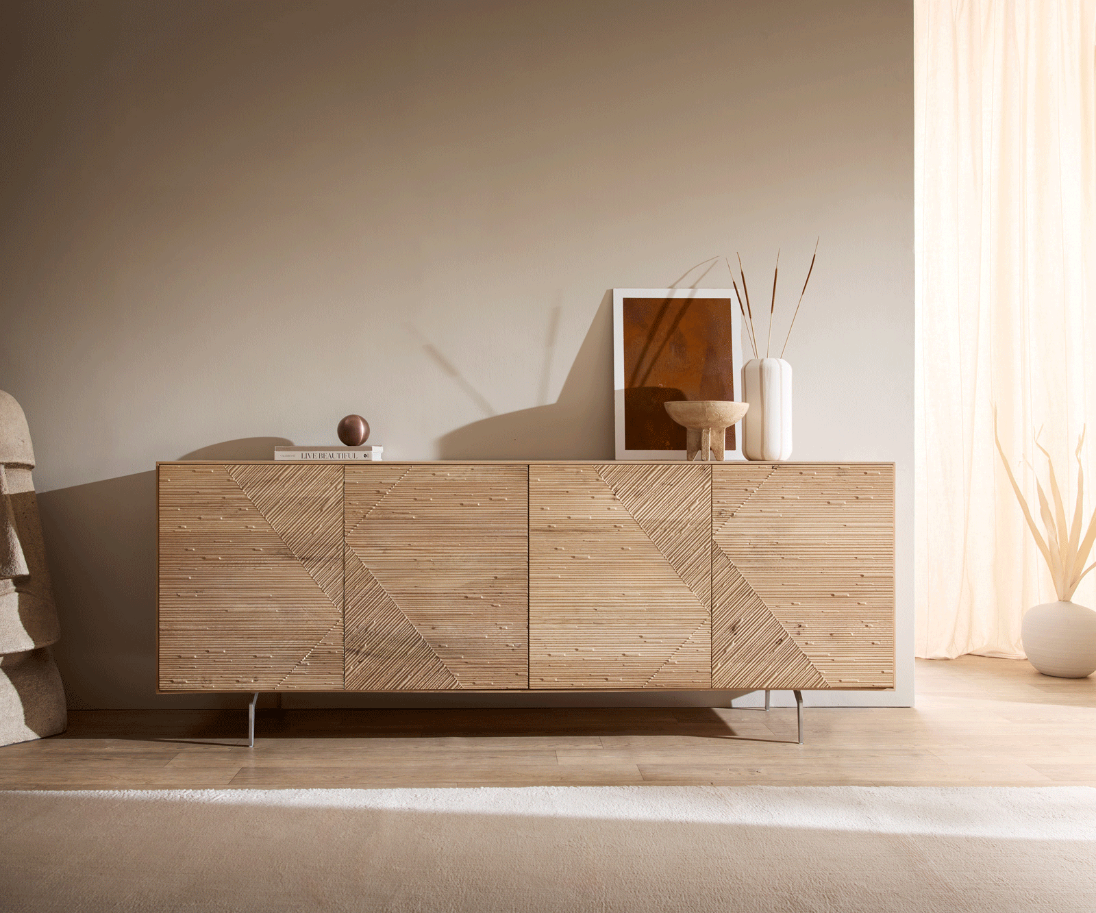 Шкаф Tereos 200 cm естествен дъб 3D ефект 4 врати ъглова основа матирана неръждаема стомана 5