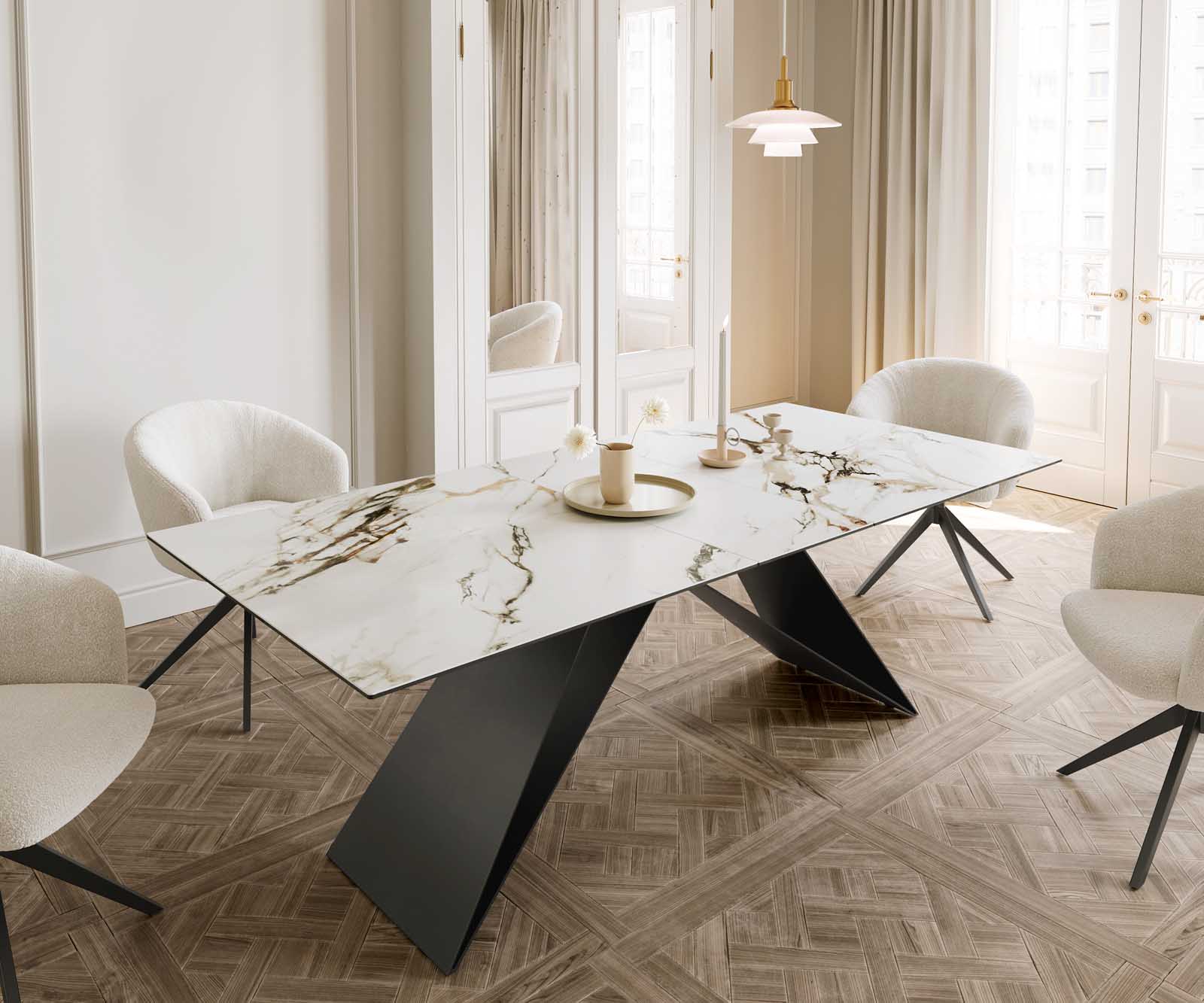 Разтегателна трапезна маса Edge 180-220х100 см Керамика Calacatta Luxe Бял-Злато-Сив V-образна метална основа Черен