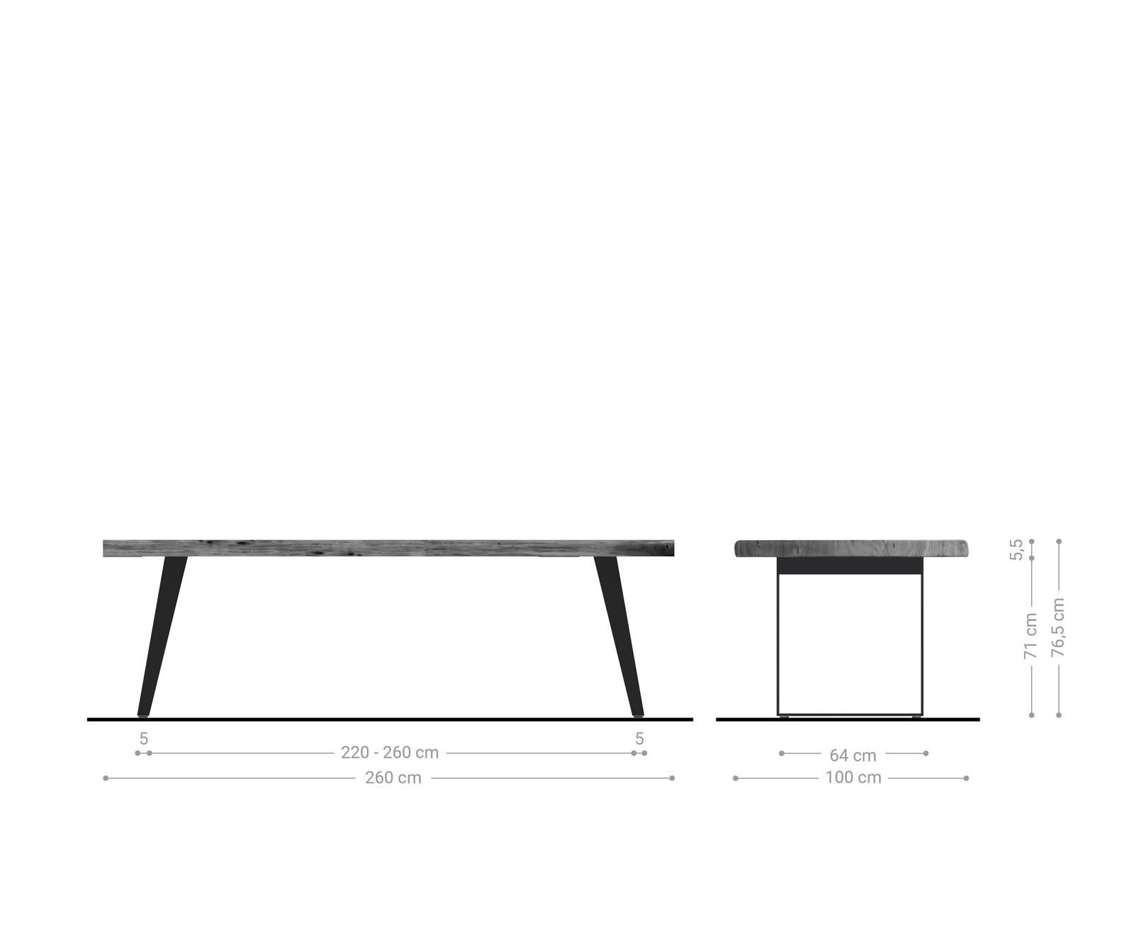 Трапезна маса Edge 260x100 см XL, естествена акация, неръждаема стомана в сребрист цвят, наклонена, с естествена дървесна повърхност 6