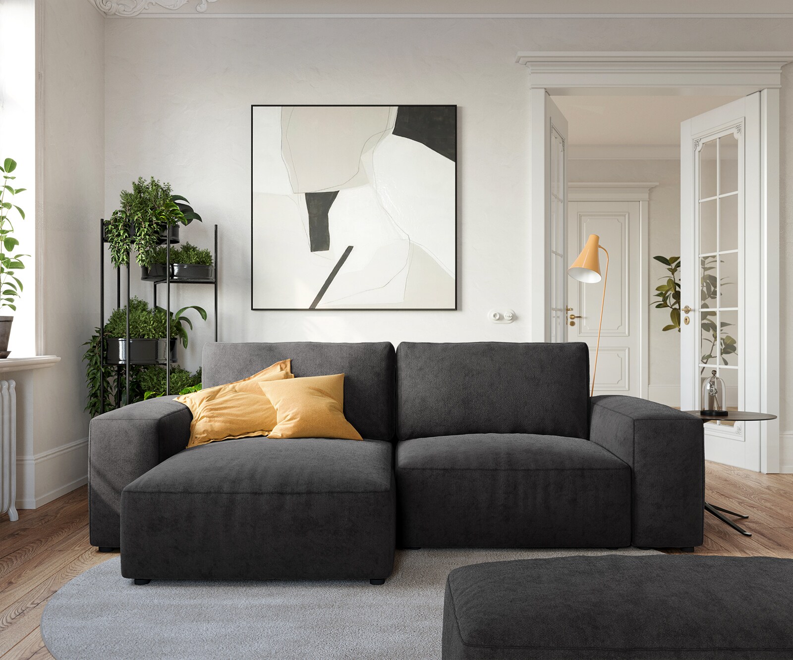 Ъглов диван  Lanzo L 230x155 см Микрофибър Черен, Лява/Дясна Лежанка, с табуретка 1