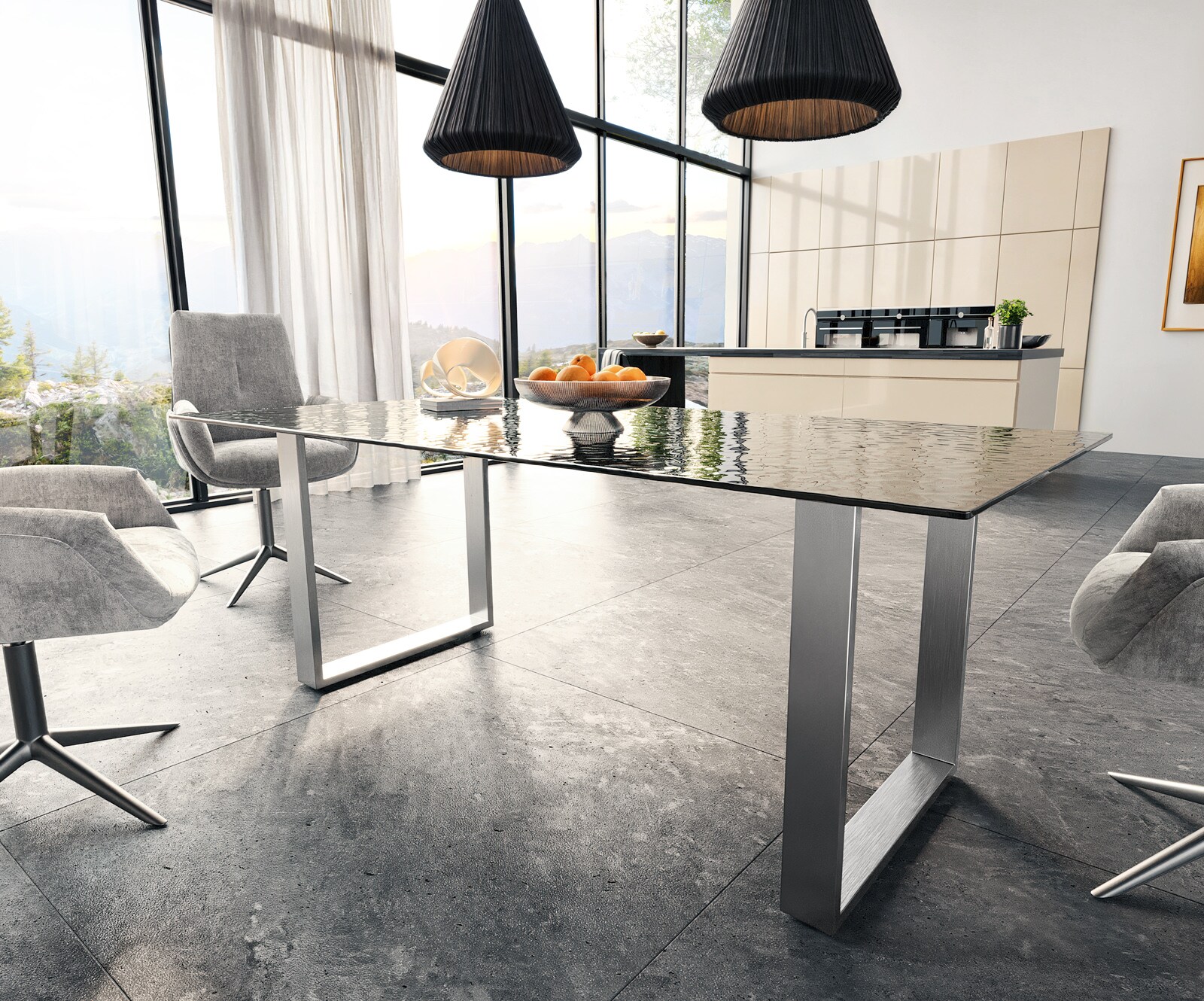 Трапезна маса Edge 200x100 релефно стъкло пушено черно 3D дизайн неръждаема стомана тясна 3