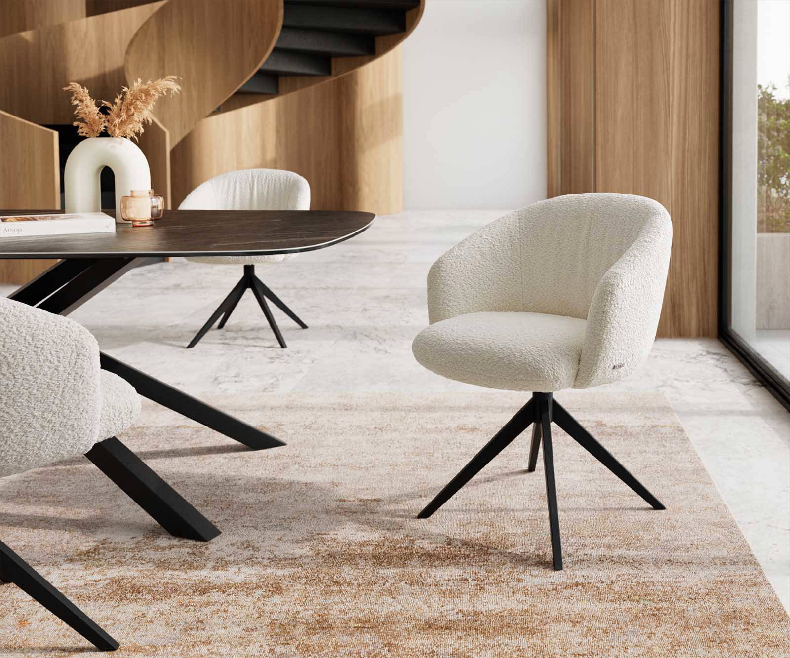 Врътящ се стол с подлакътници Букле Бял Конус крак плосък Черен 360° въртящ се Покет пружина Caja-Flex Врътящ се стол с подлакътници Букле Бял Конус крак плосък Черен 360° въртящ се Покет пружина Caja-Flex