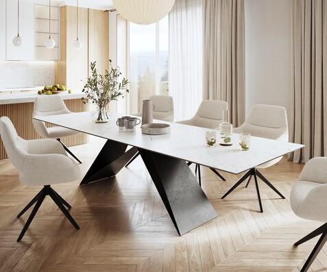 Трапезна маса Edge 300x100 см, керамика Laminam „®“, Statuarietto бяло, централна опора с V-образна форма, черна