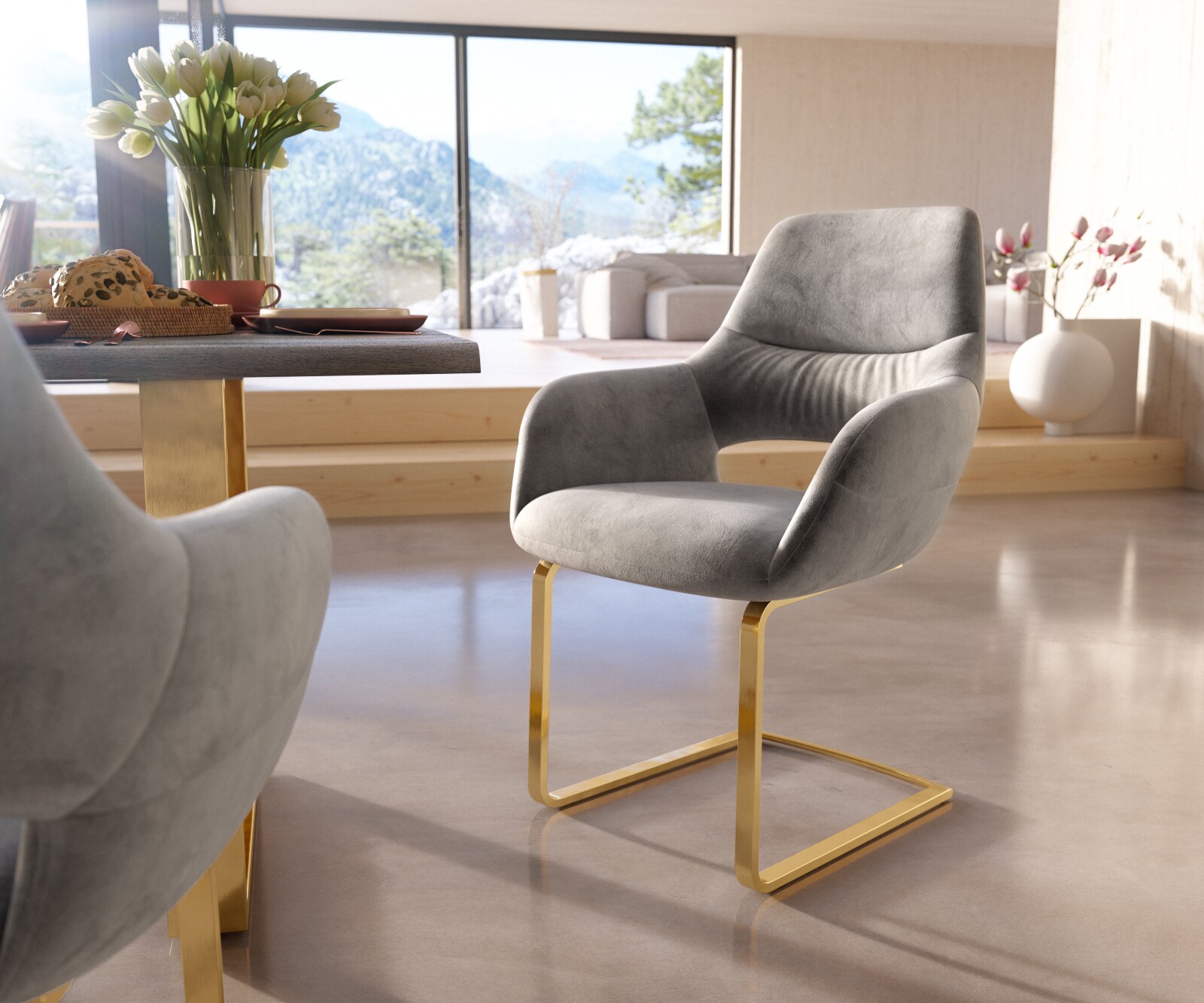 Люлеещ стол с подлакътници Кадифе Сив Конзолен крак плосък Злато Yago-Flex