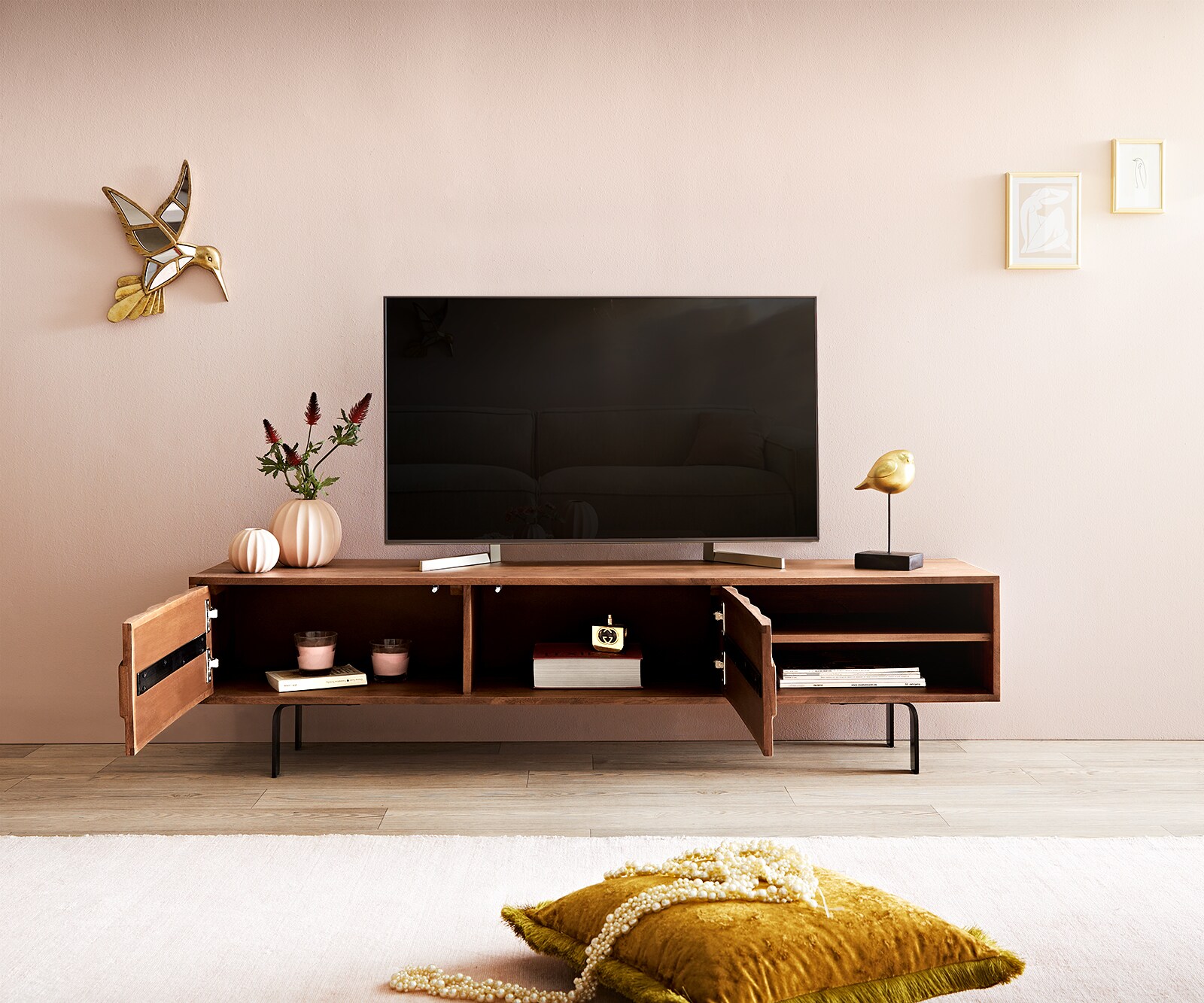 ТВ шкаф Fevo 160 cm Масив Акация, 2 Врати, Г-Крак, Кафяв 3
