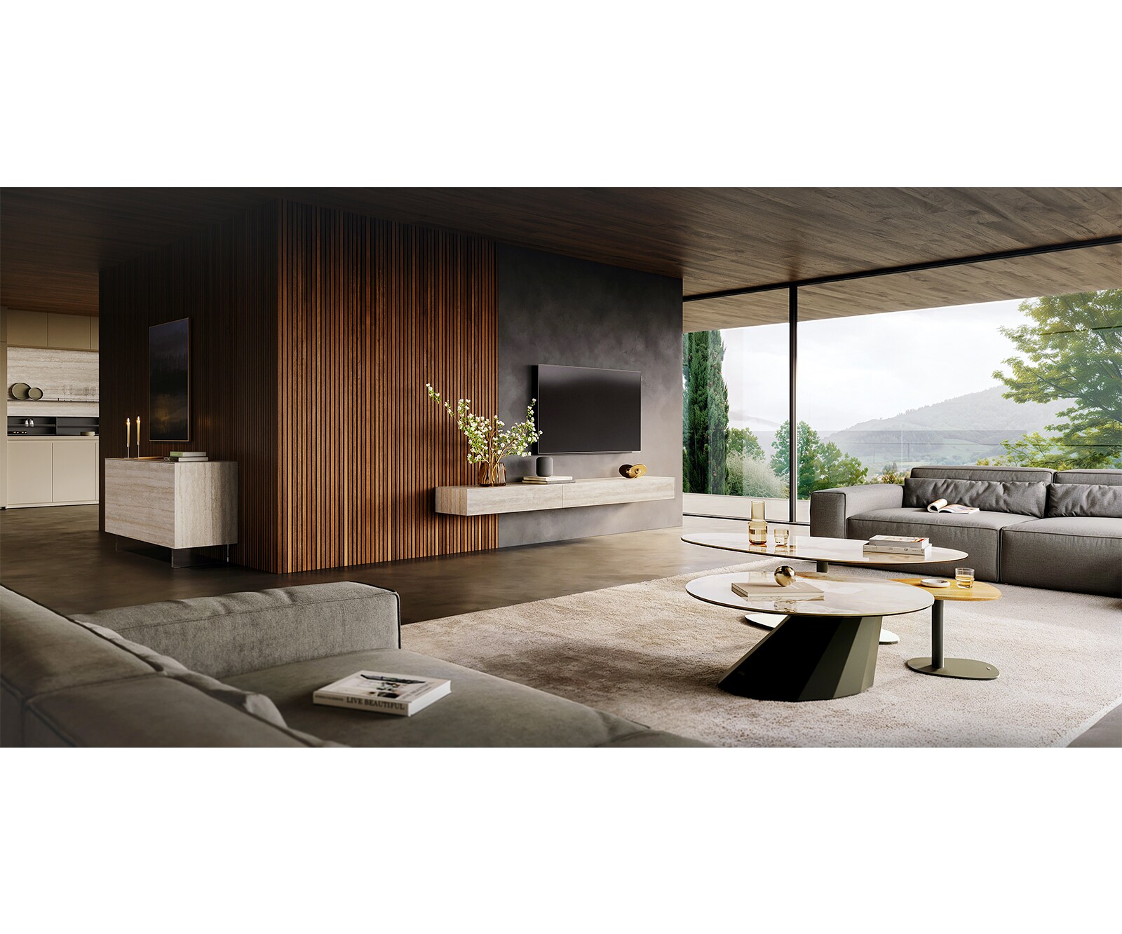 ТВ шкаф Cuor 250 см Керамика Laminam® Travertino Bianco Крем-бяло 1 врата  1 чекмедже Основа Метал Черен 7