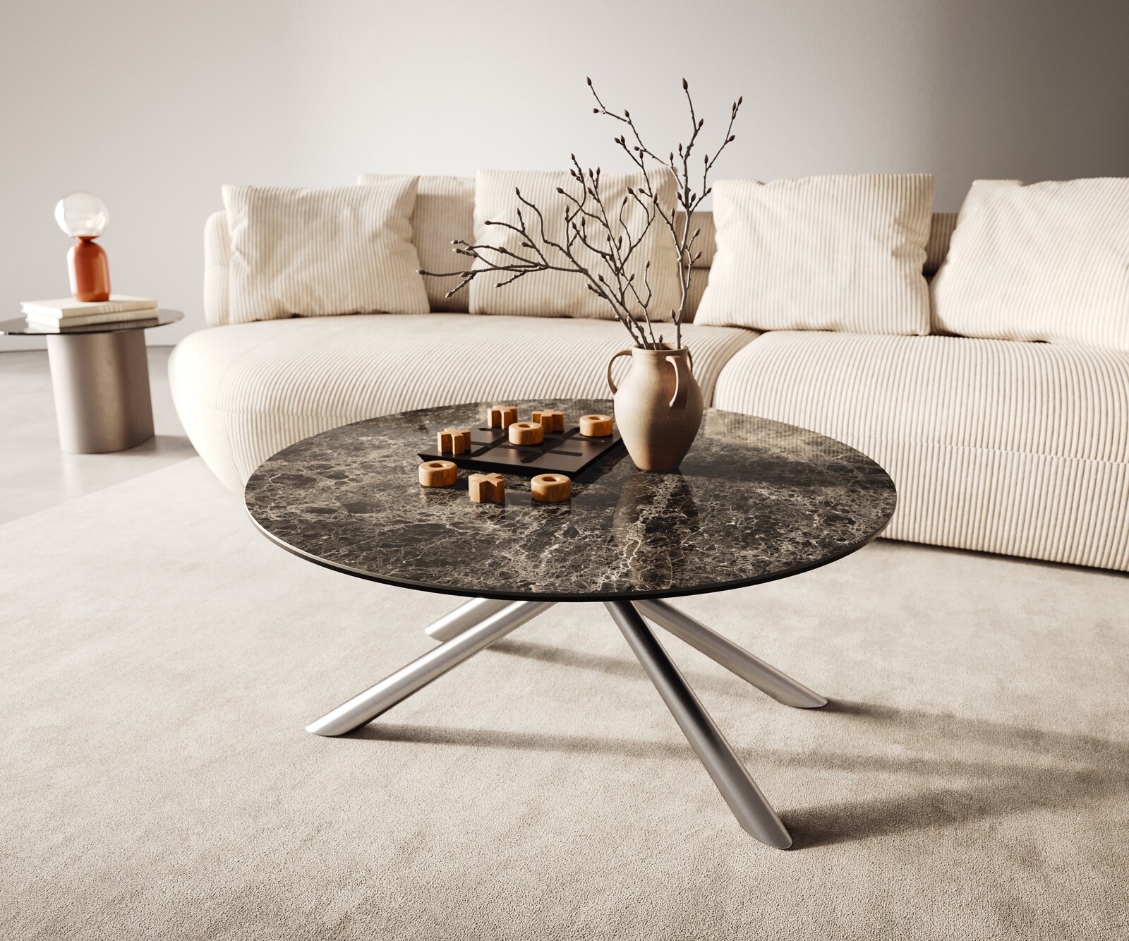 Масичка за кафе Edge Round 90x90 cm Керамичен ламинат® Emperador Extra Lucidato Тъмнокафяво Sarity Матирана неръждаема стомана 1