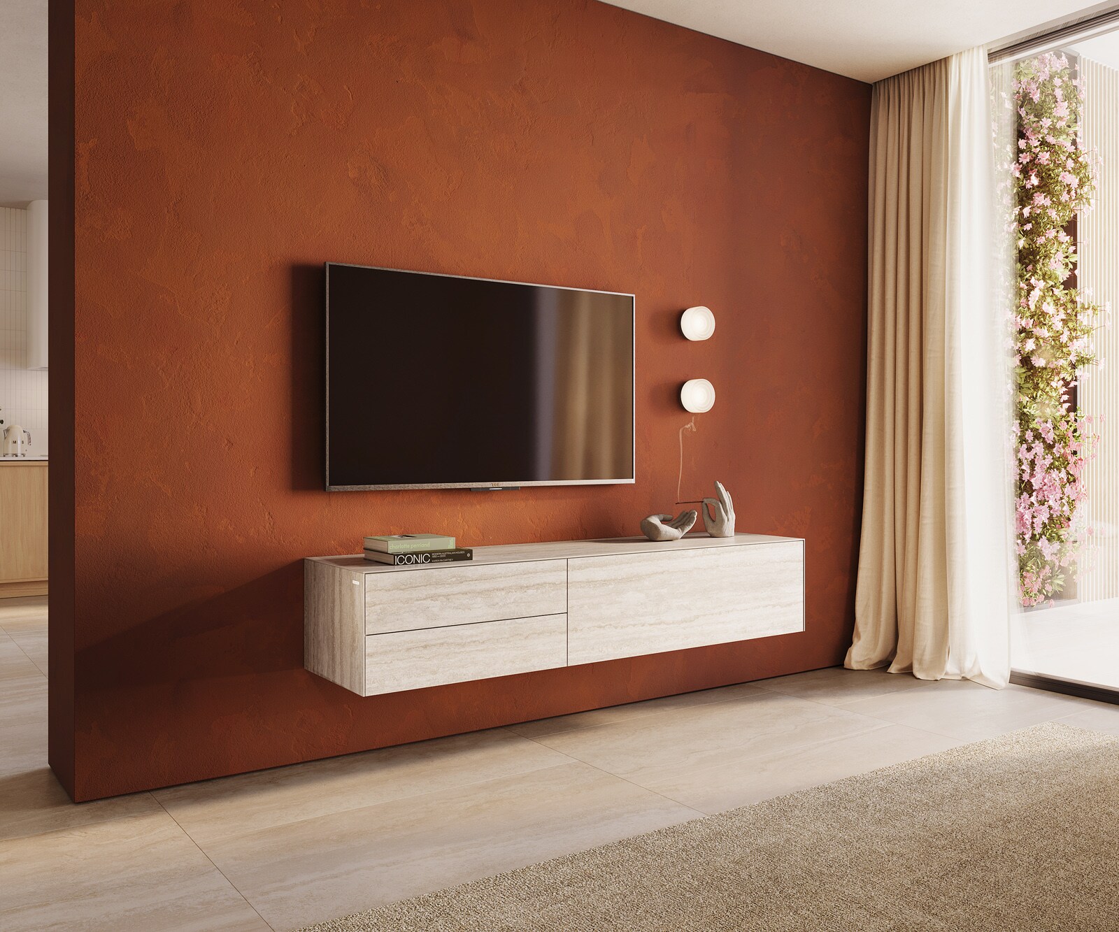 Стенен ТВ шкаф Cuor 180 см Керамика Laminam® Travertino Bianco Крем-бяло 1 врата 2 чекмеджета 