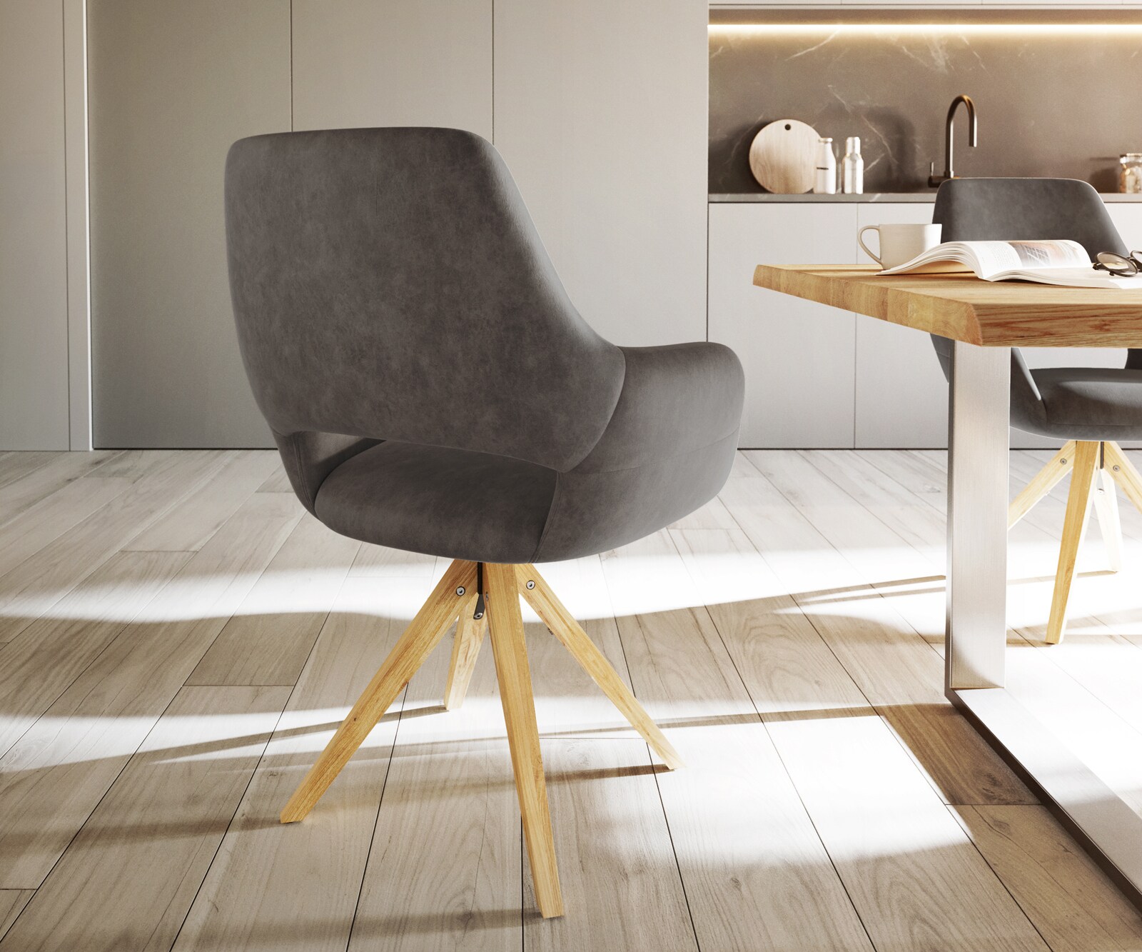 Врътящ се стол с подлакътници Антрацит Винтидж Дървена рамка  180° въртящ се Yago-Flex 5