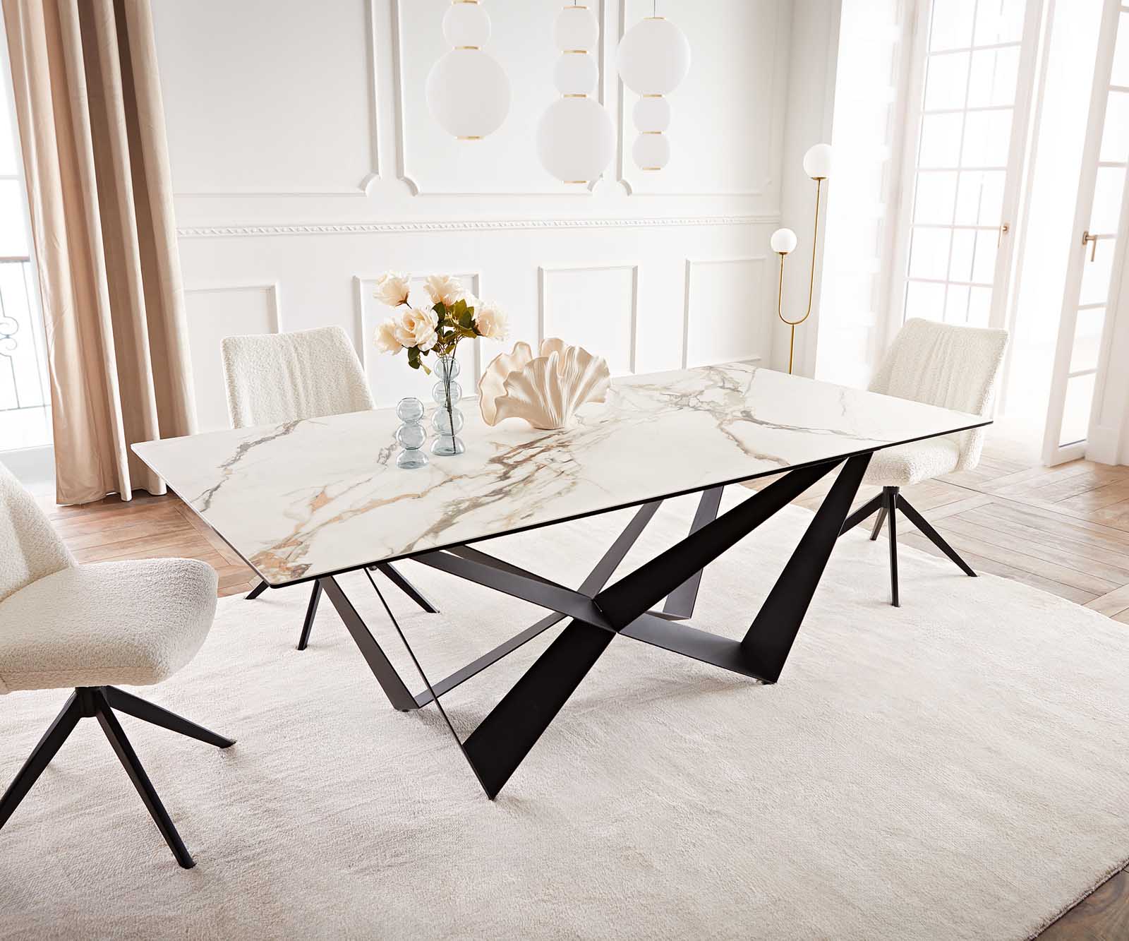 Маса 200x100 Keramik Calacatta Luxe Бял-Злато-Сив Spider плоска стомана Черен Edge