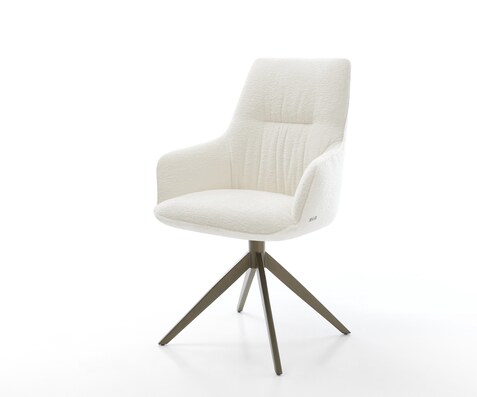 Въртящ се стол Zelia-Flex с подлакътници Bouclé Soft Beige Кръстосана рамка широка Ефектно покритие Титан 360° завъртане Люлееща се функция Ядро от джобни пружини