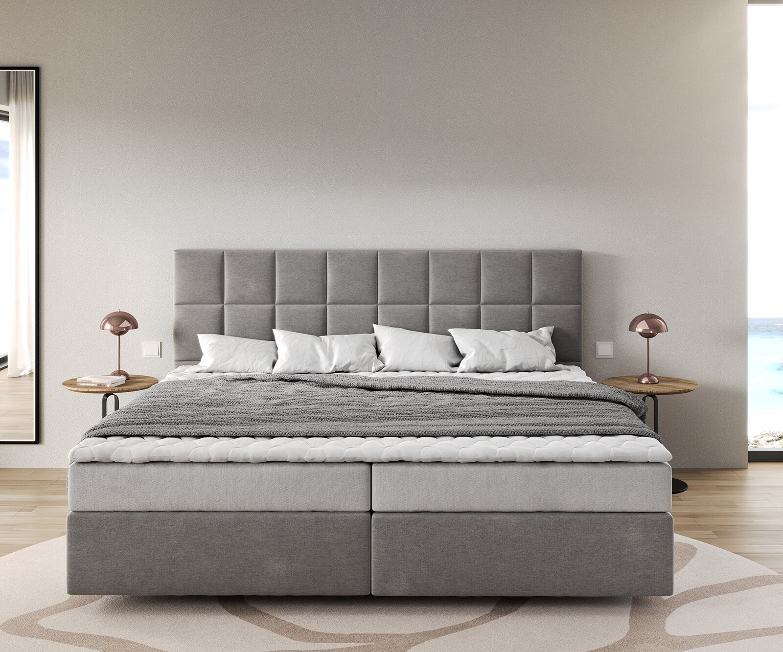 Легло Боксспринг Микрофибър Сив 200x200 cm Бонел-Матрак PU-Топер Dream-Fine 1