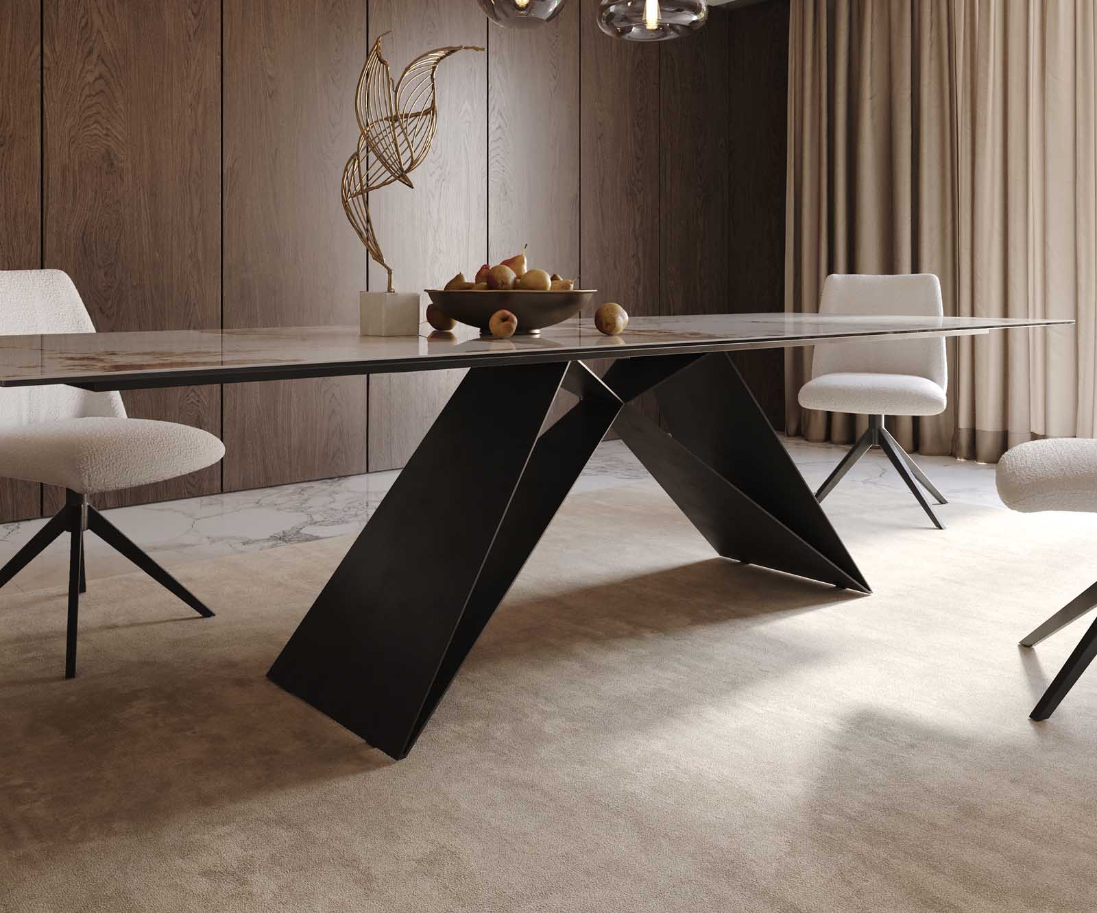 Трапезна маса Edge 300x100, керамика „Minas Melange“ (бяло-бежово), V-образна рамка от плоска стомана в черно 7