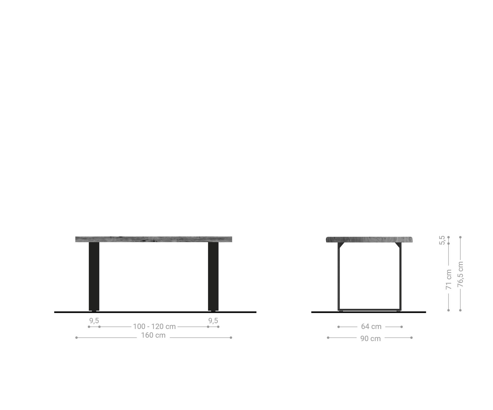 Трапезна маса Edge 160x90 см XL, естествена акация, неръждаема стомана, тясна, с естествени ръбове 5