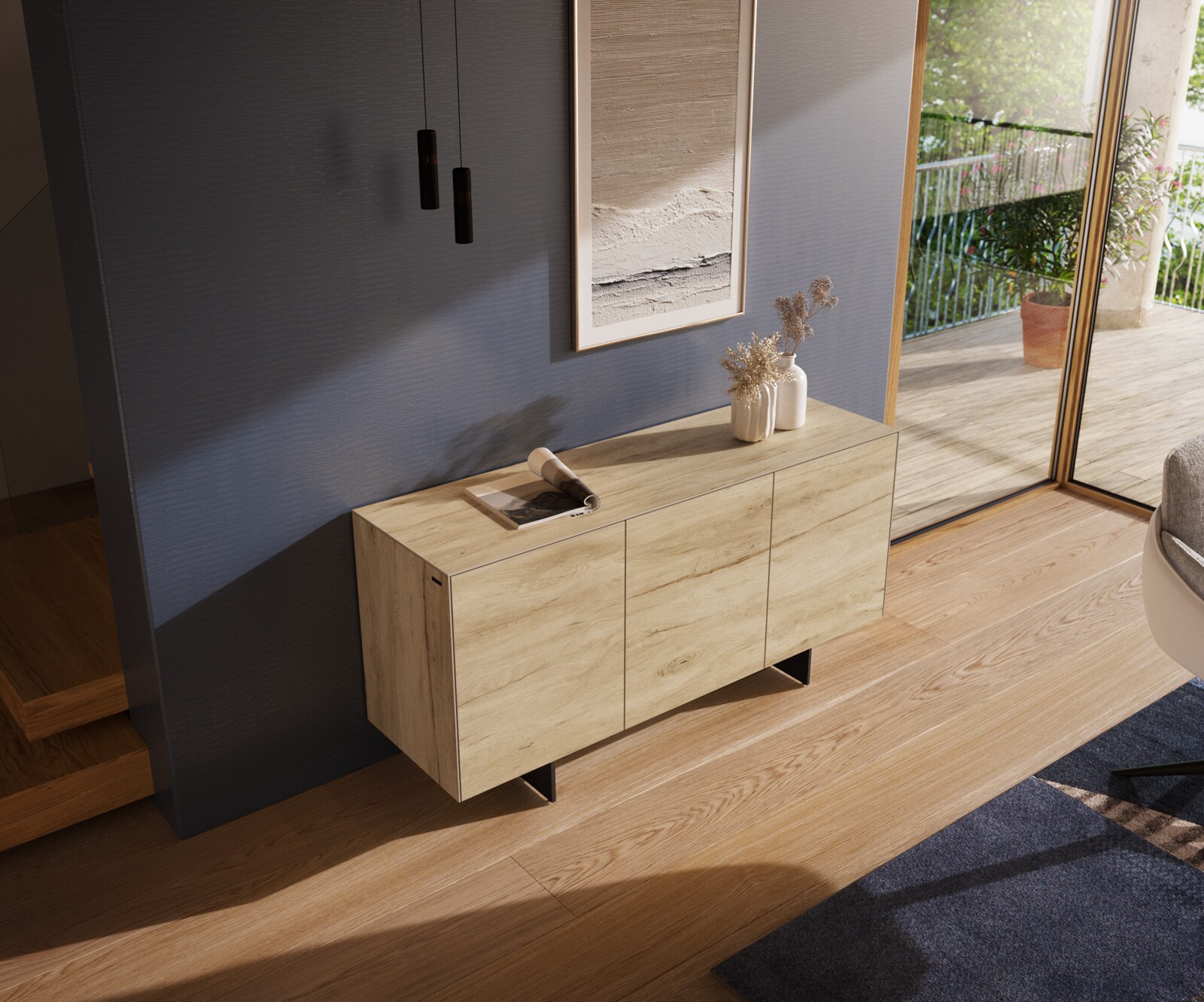 Шкаф Cuor 150 см Керамичен ламинат® Sabbia Дъбов цвят 3 врати Основа Плаващ вид Метал Черен 4