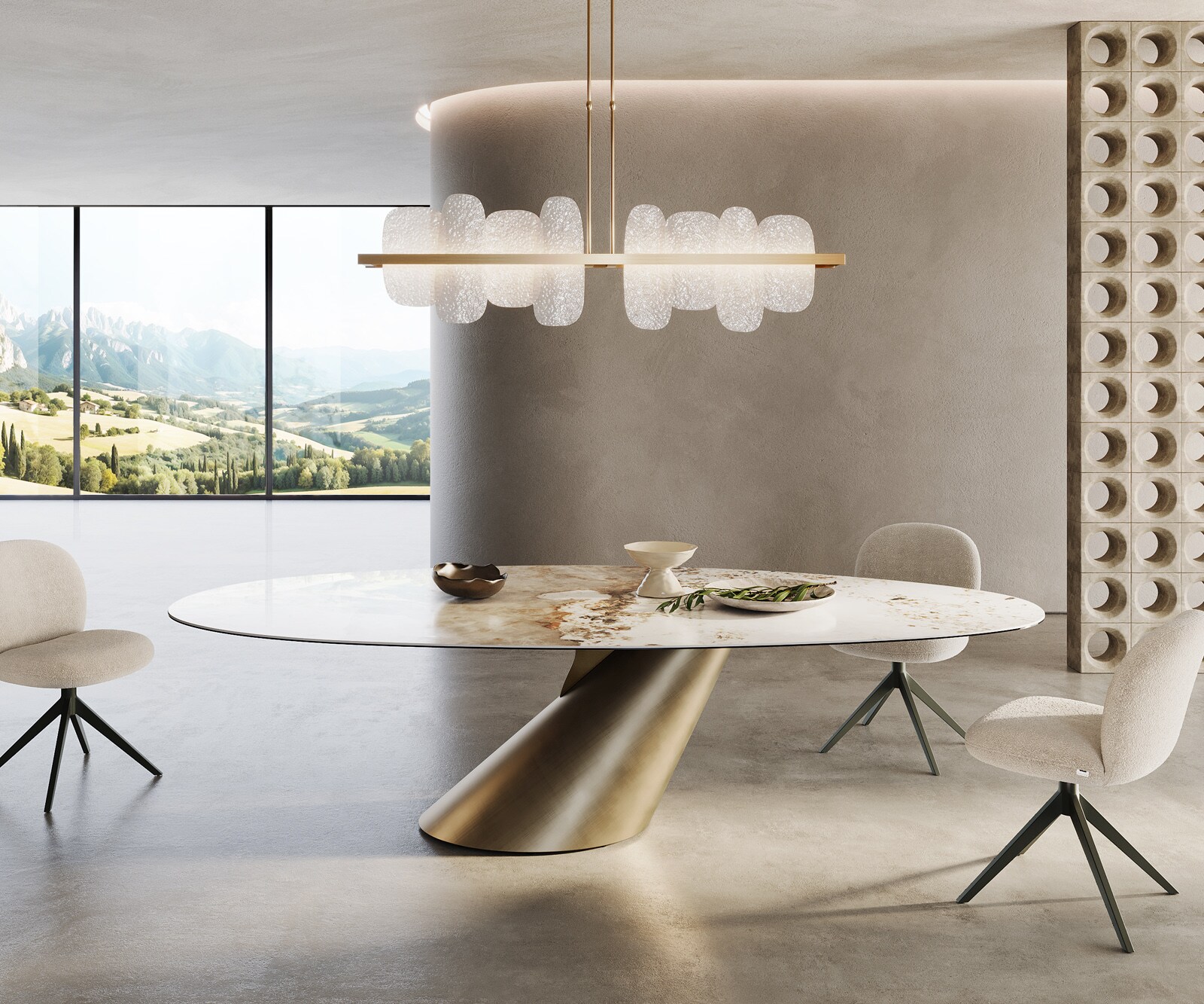 Edge Овална маса за хранене 280x130 керамика Minas Melange Бяло-бежово Cono Metallic Gold 1