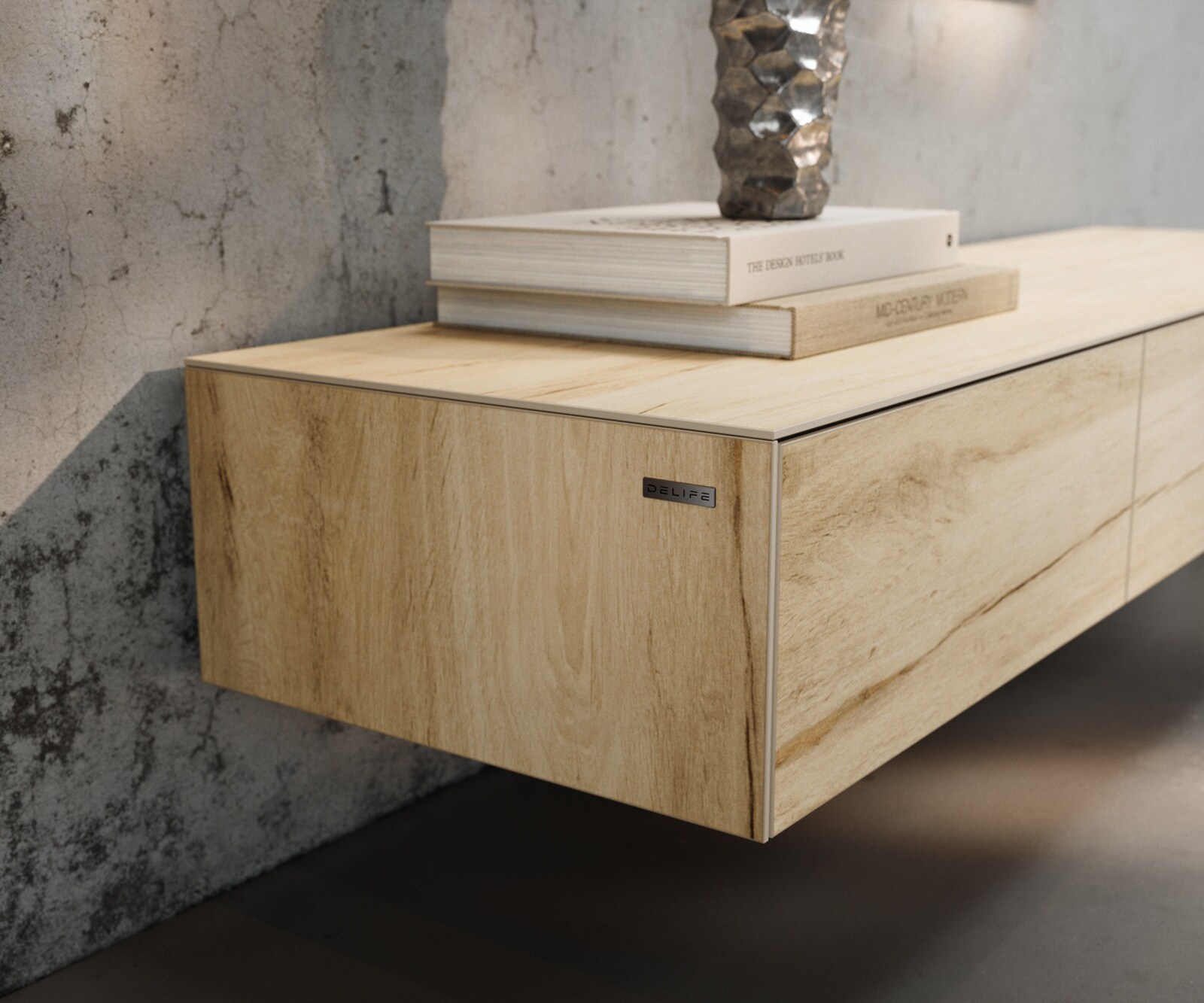 Ниска дъска Cuor 150 см Керамичен ламинат® Sabbia Дъбов цвят 1 капак 1 чекмедже Основа Плаващ вид акрилно стъкло 6