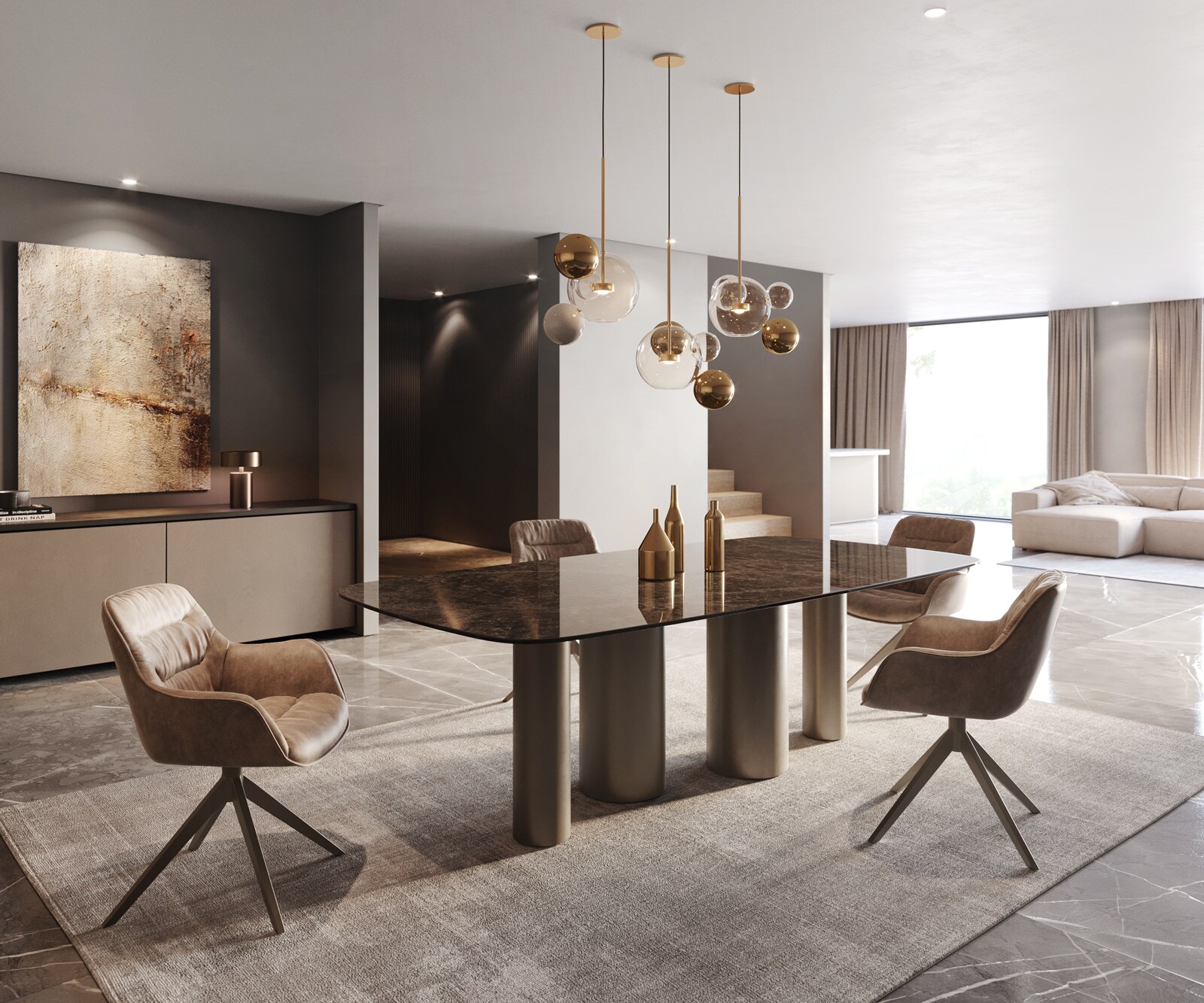 Трапезна маса Edge Boot 240x120 Керамичен ламинат® Emperador Extra Lucidato Тъмнокафяво покритие Pilier с метален ефект Titanium 6