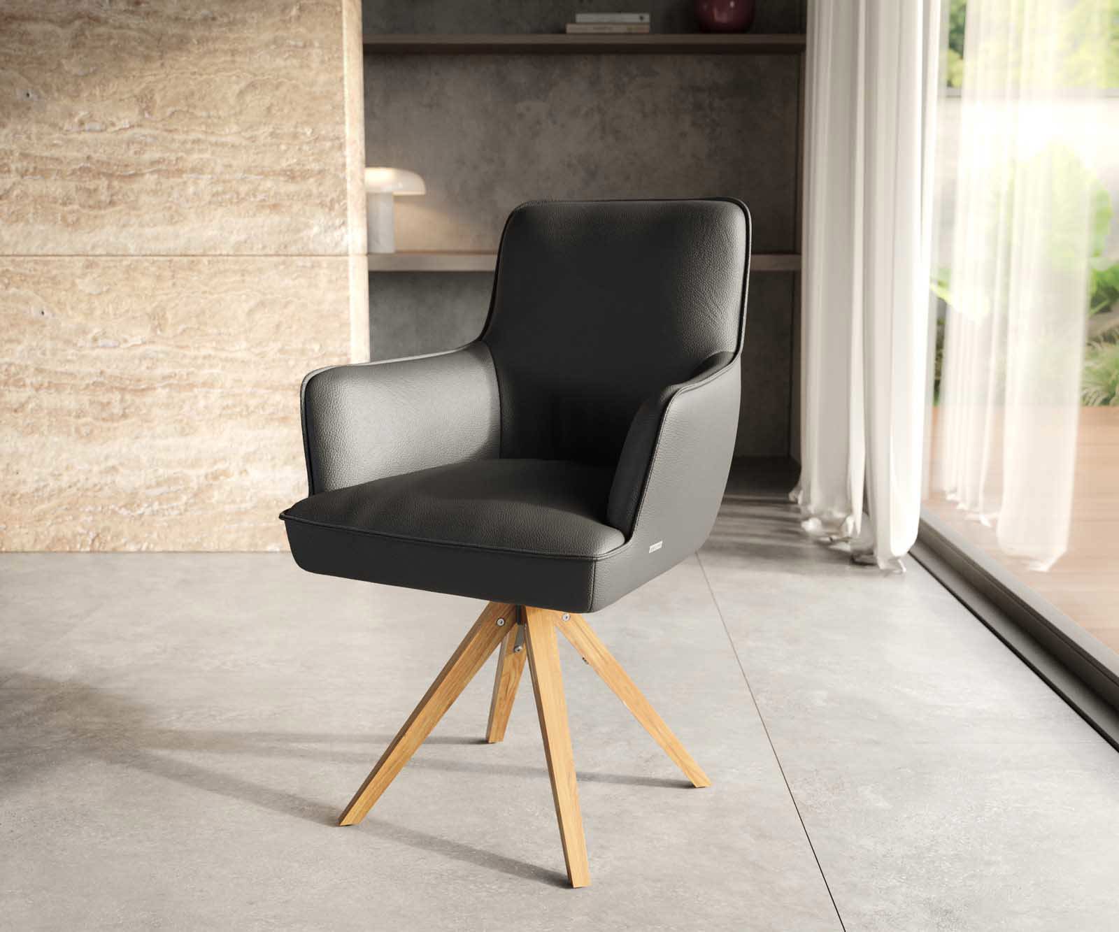 Врътящ се стол с подлакътници Естествена кожа Черен Дървена рамка  Натурал 180° въртящ се Покет пружина Heira-Flex 1