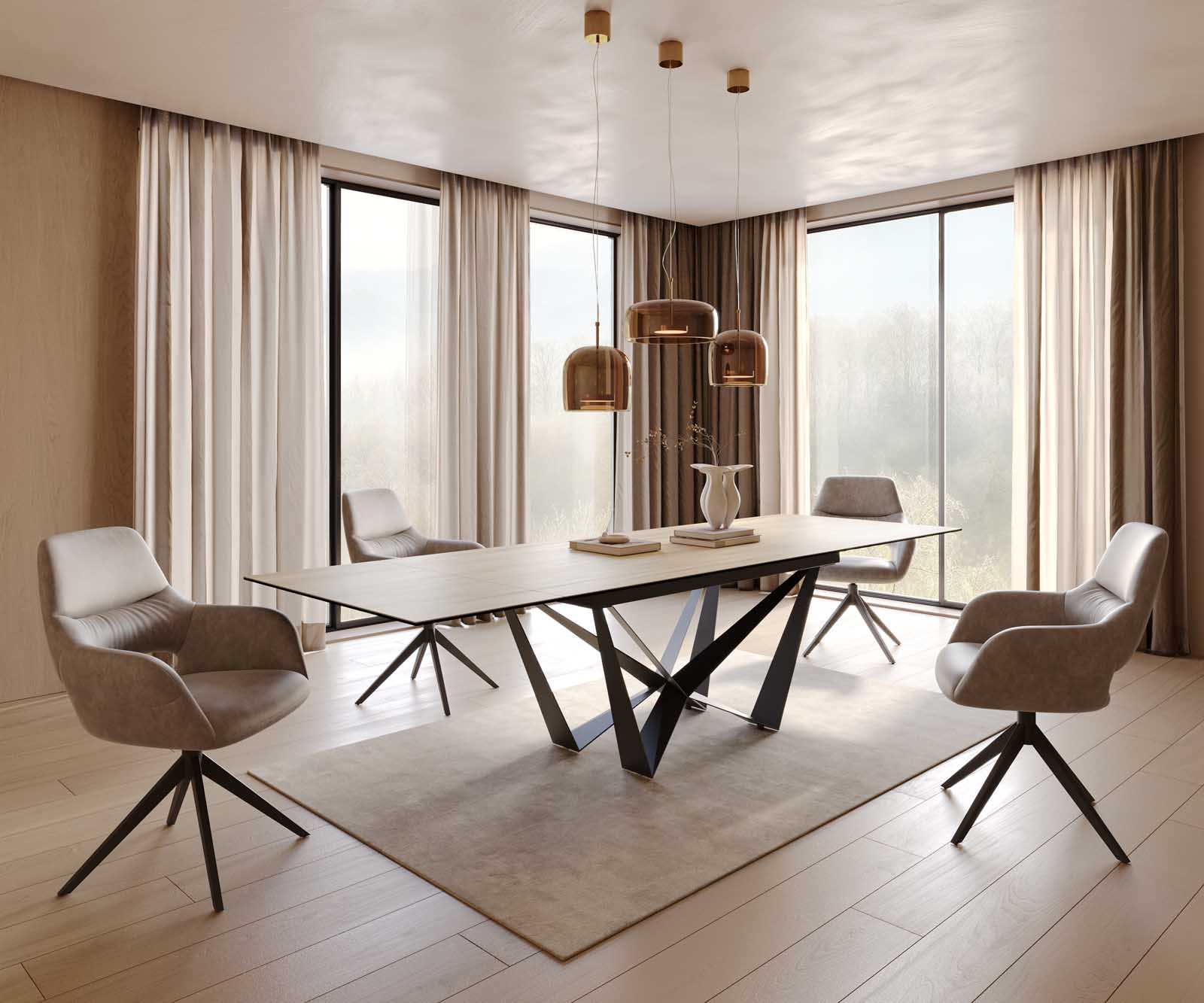 Маса 200-300x100 Keramik Laminam® Sabbia Дъбцвят Spider плоска стомана Черен разтегателна Edge 6