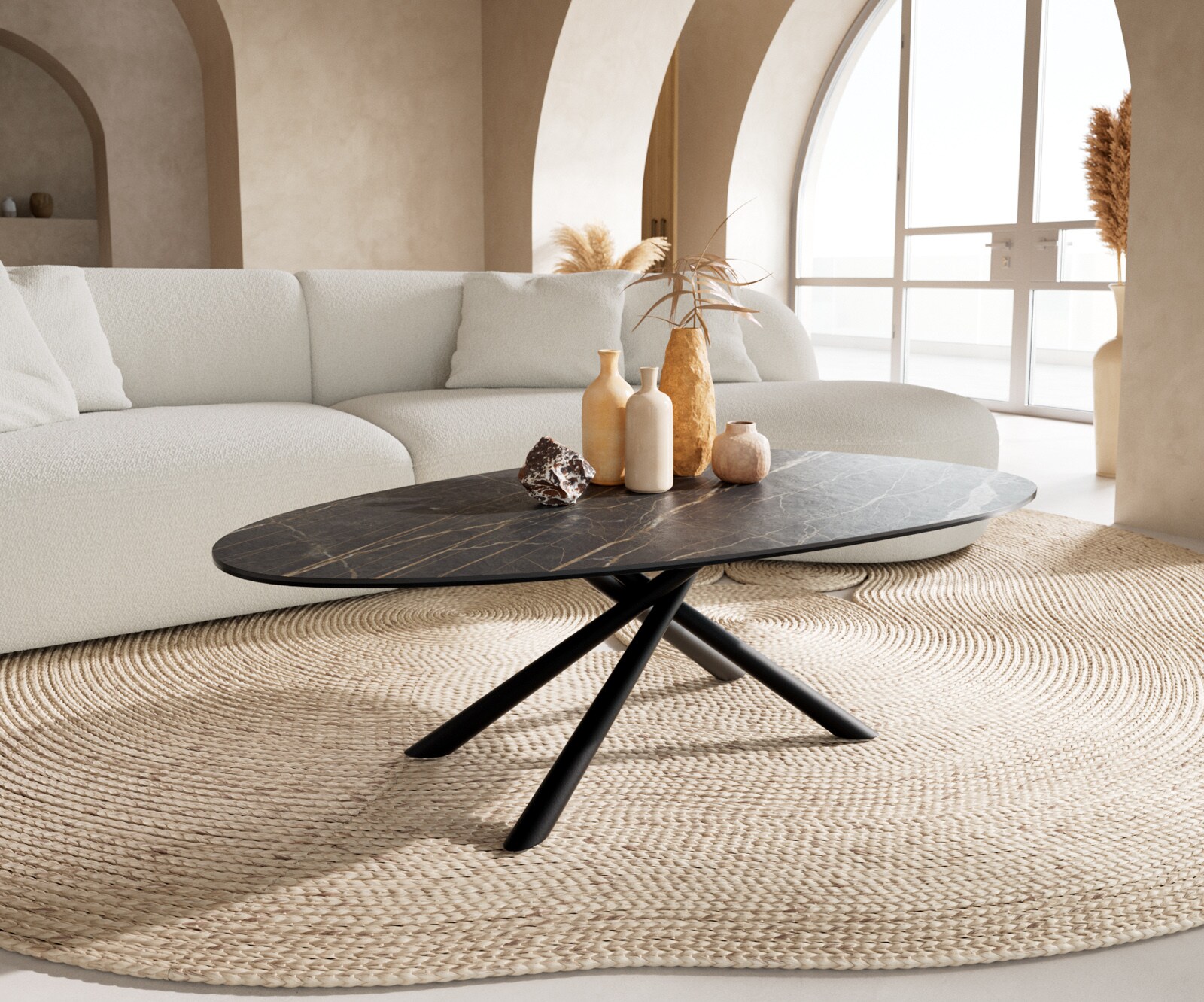 Масичка за кафе Edge Oval 140x75 cm Ceramic Laminam® Noir Desir Brown Sarity Metal Black 1
