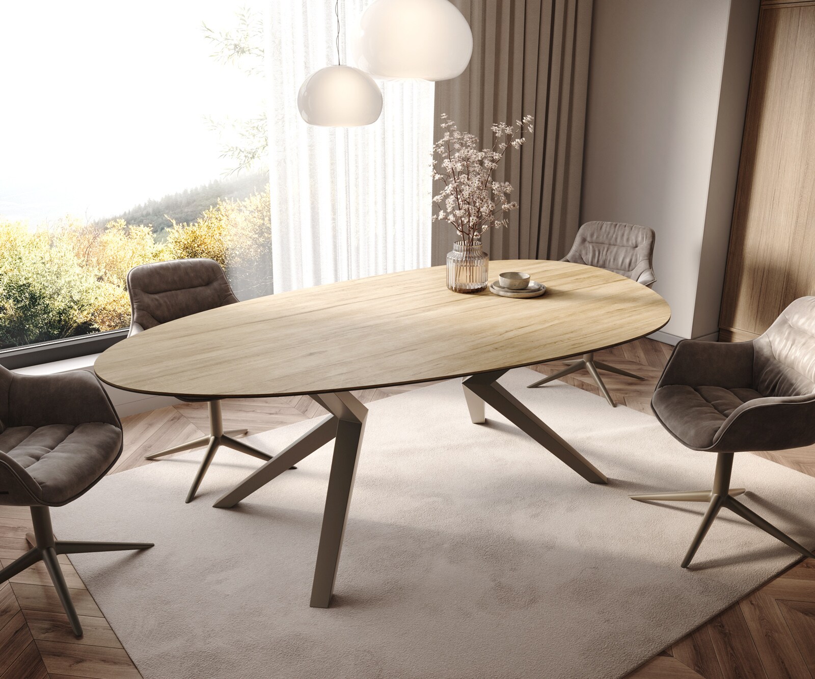 Трапезна маса Edge Oval 220x120, керамика Laminam „®“, цвят „Sabbia“ (дъбов), Zenthara, с ъгловати ръбове, метално покритие с ефект „Титан“ 1