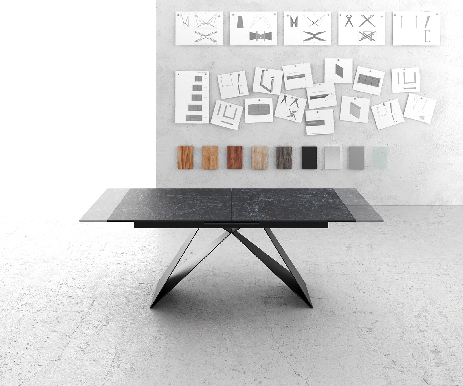Маса 180-220x90cm Keramik Laminam®Nero Greco Антрацит V-среден крак Черен разтегателна Edge 5