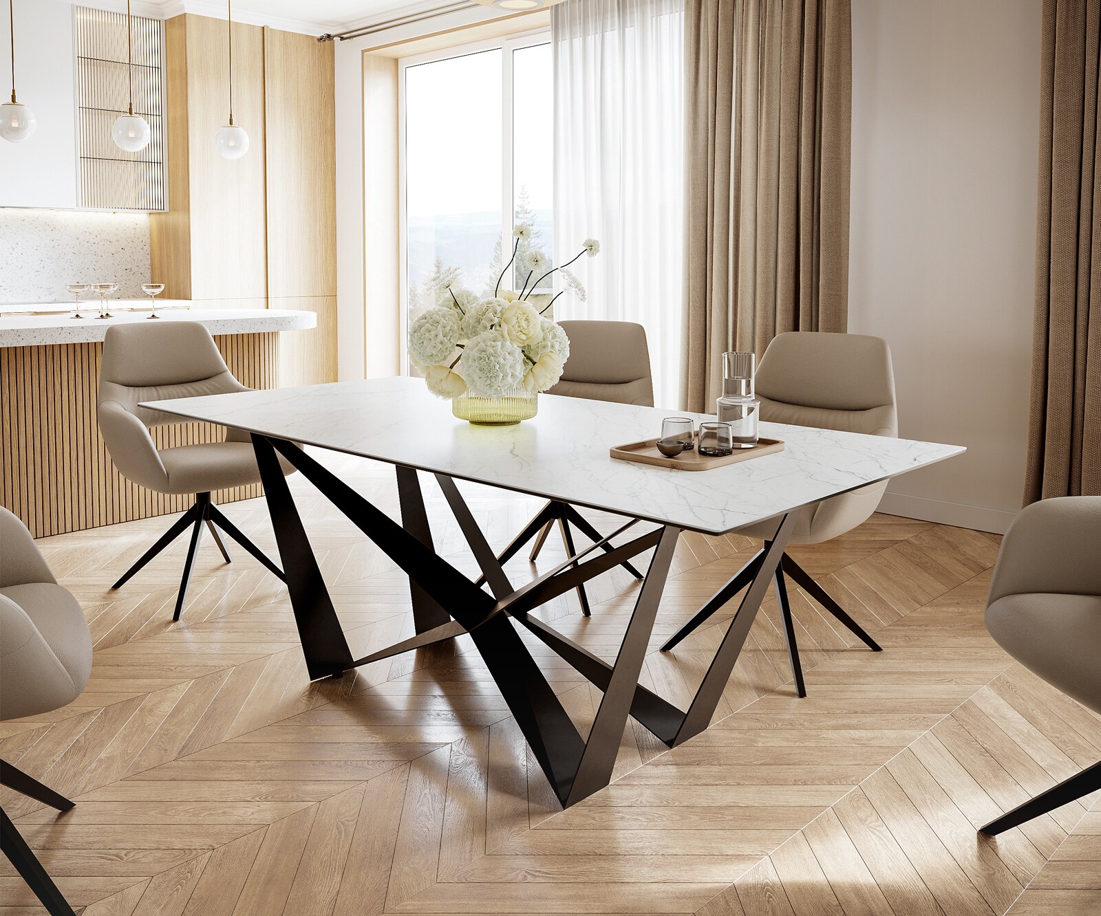 Маса 200x100cm Keramik Laminam®Statuarietto Бял среден крак плоска стомана Черен Edge