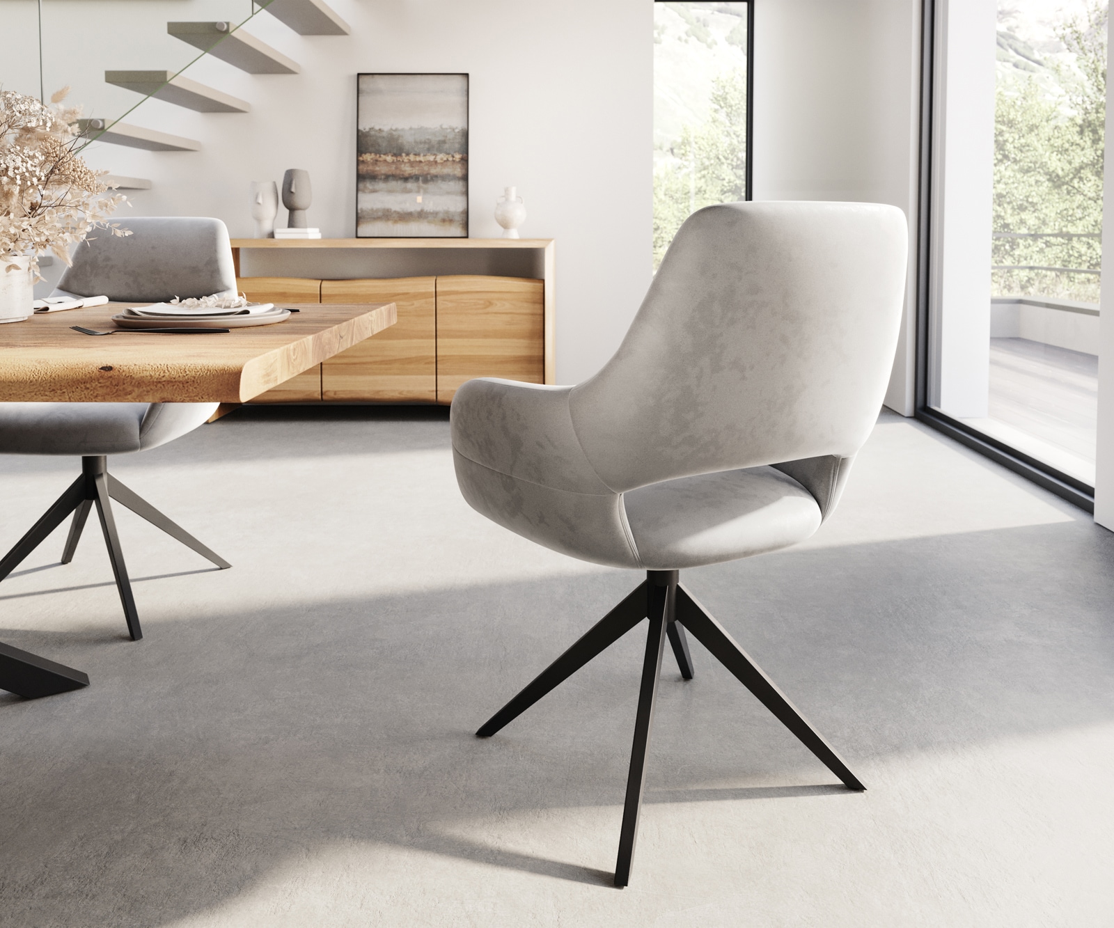 Врътящ се стол с подлакътници Кадифе Сив Конус крак плосък Черен 360° въртящ се Yago-Flex 4 Врътящ се стол с подлакътници Кадифе Сив Конус крак плосък Черен 360° въртящ се Yago-Flex 4