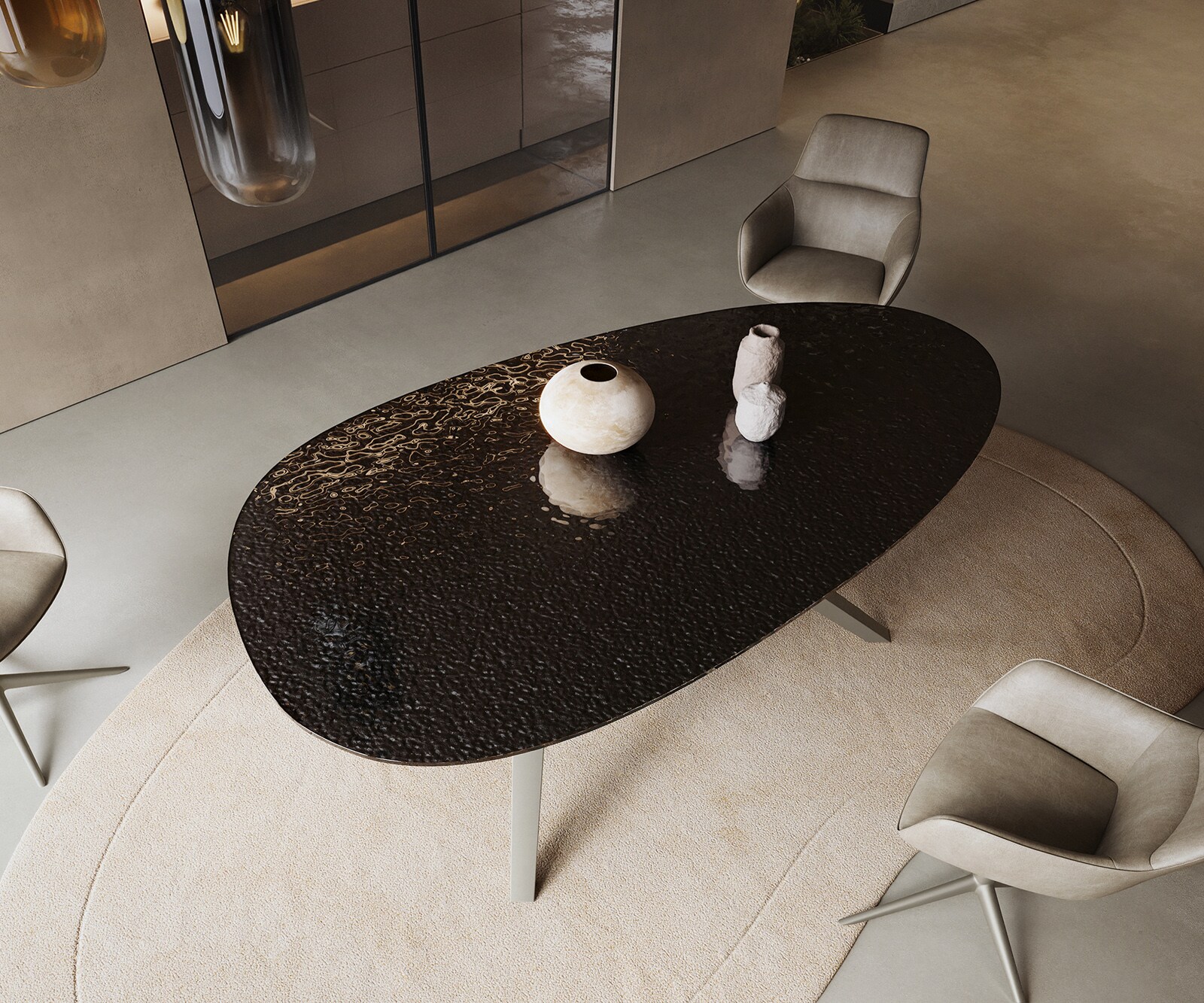 Трапезна маса Edge Oval 220x120 с релефно стъкло в цвят „пушено черно“, 3D дизайн Zenthara, с ъгловати форми и метално покритие с ефект „титан“ 3