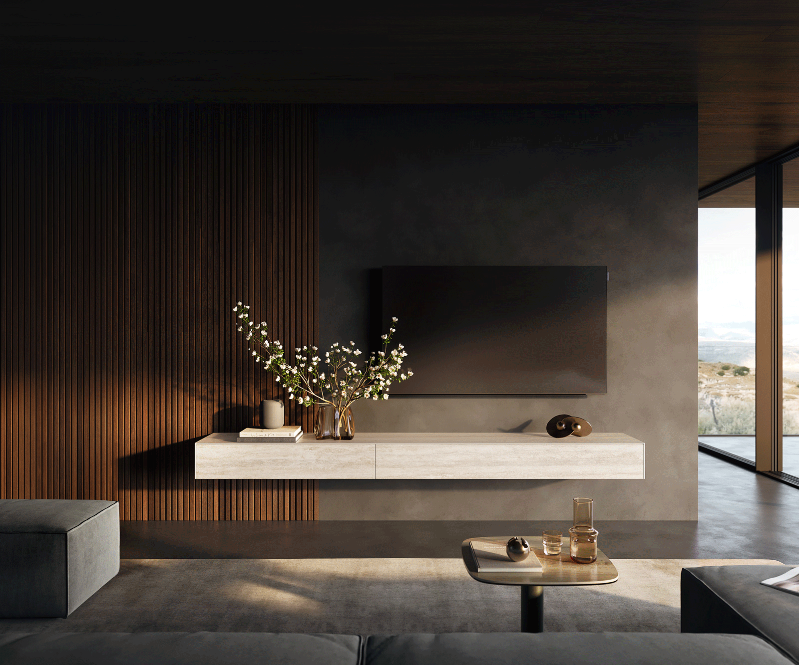 Стенен ТВ шкаф Cuor 250 см Керамика Laminam® Travertino Bianco Крем-бяло 1 врата 1 чекмедже  2