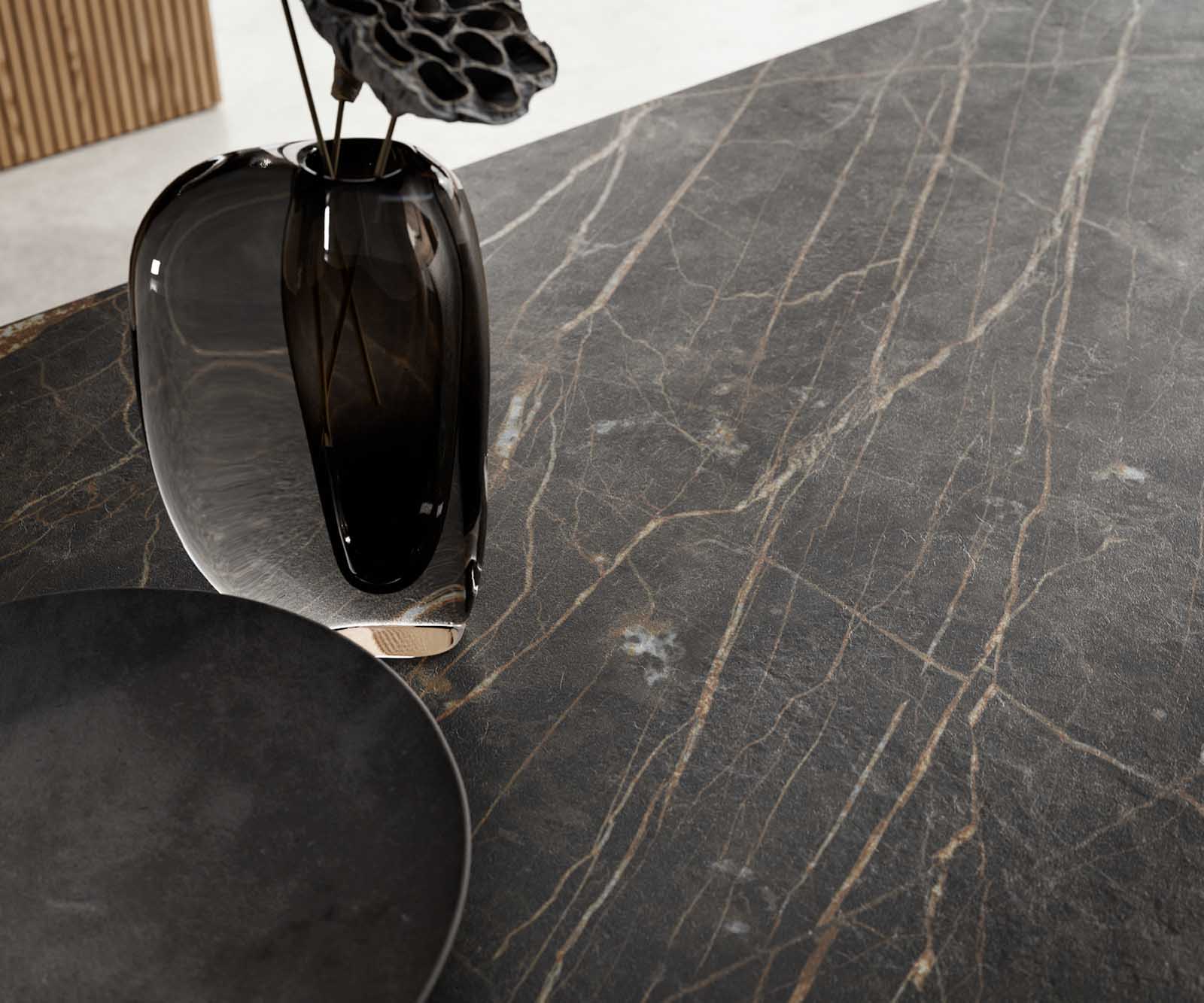 Разтегателна трапезна маса Edge 200-300х100 см Керамика Laminam®Noir Desir Кафяв Основа стомана тип Spider Сребристосив цвят 8