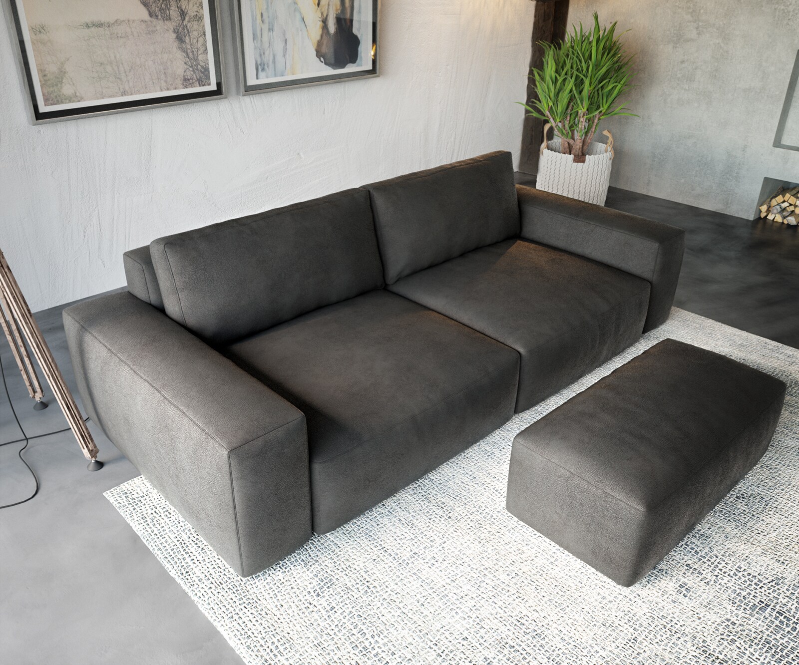 Голям диван Lanzo XL 270x130 sm Имитация на кожа Винтидж Антрацит с табуретка  3