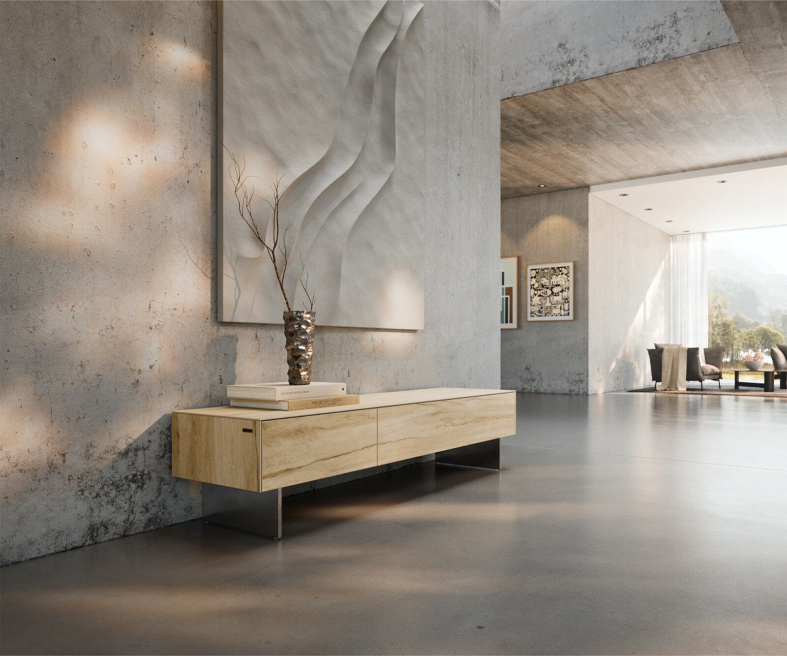 Ниска дъска Cuor 150 см Керамичен ламинат® Sabbia Дъбов цвят 1 капак 1 чекмедже Основа Плаващ вид неръждаема стомана