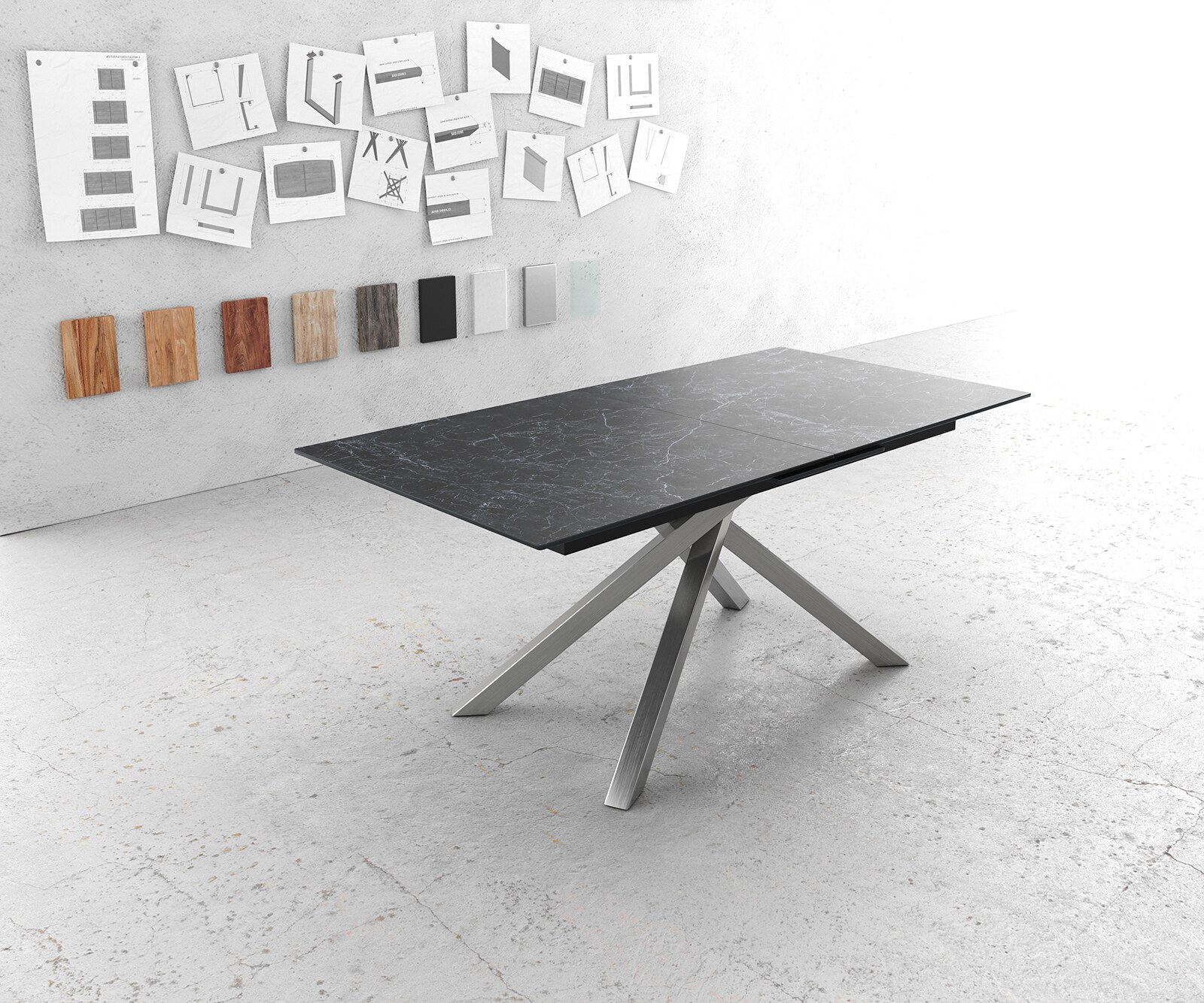 Маса 180-220x90cm Keramik Laminam®Nero Greco Антрацит КръстРамка Правоъгълник Неръждаема стомана разтегателна Edge 1