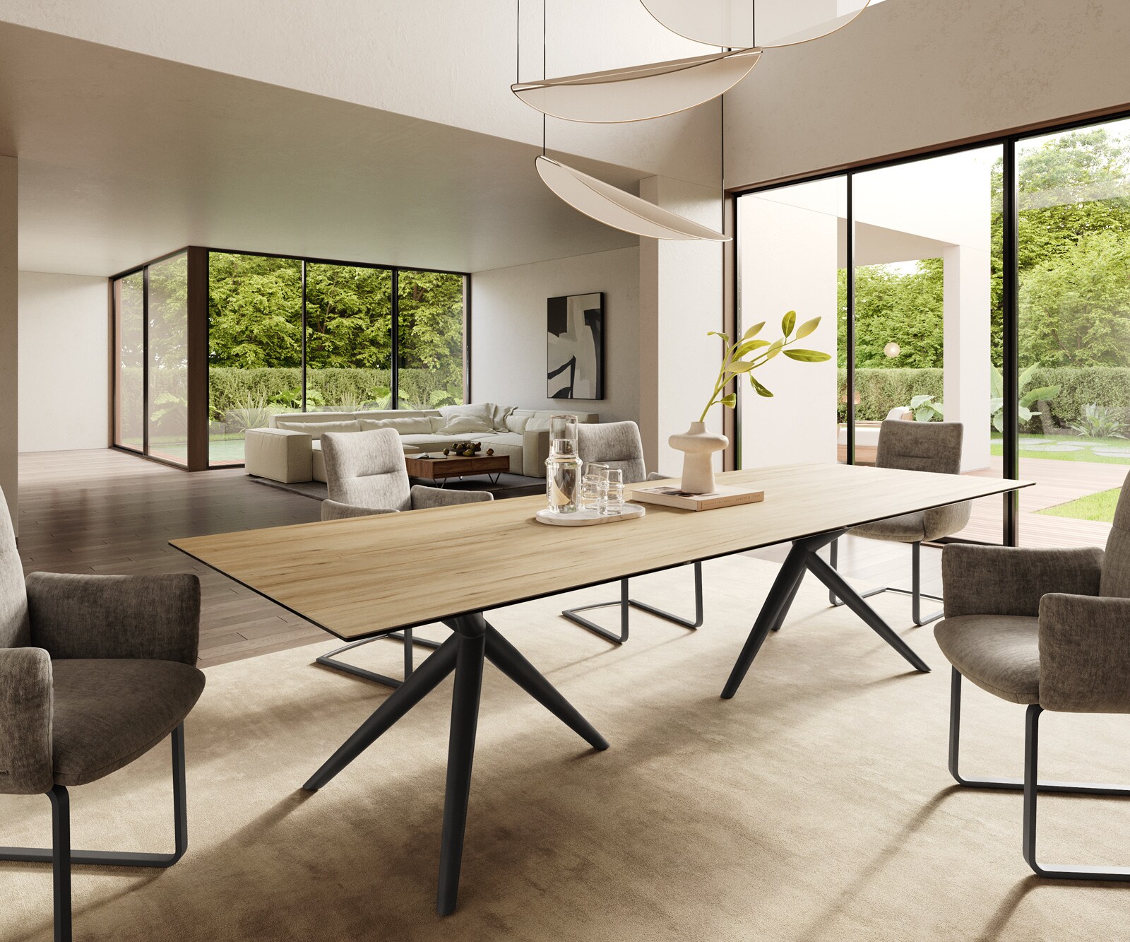 Трапезна маса Edge 300x100, керамика Laminam „®“, цвят „Sabbia“ (дъбов), Estelar, кръгла, метал, черна