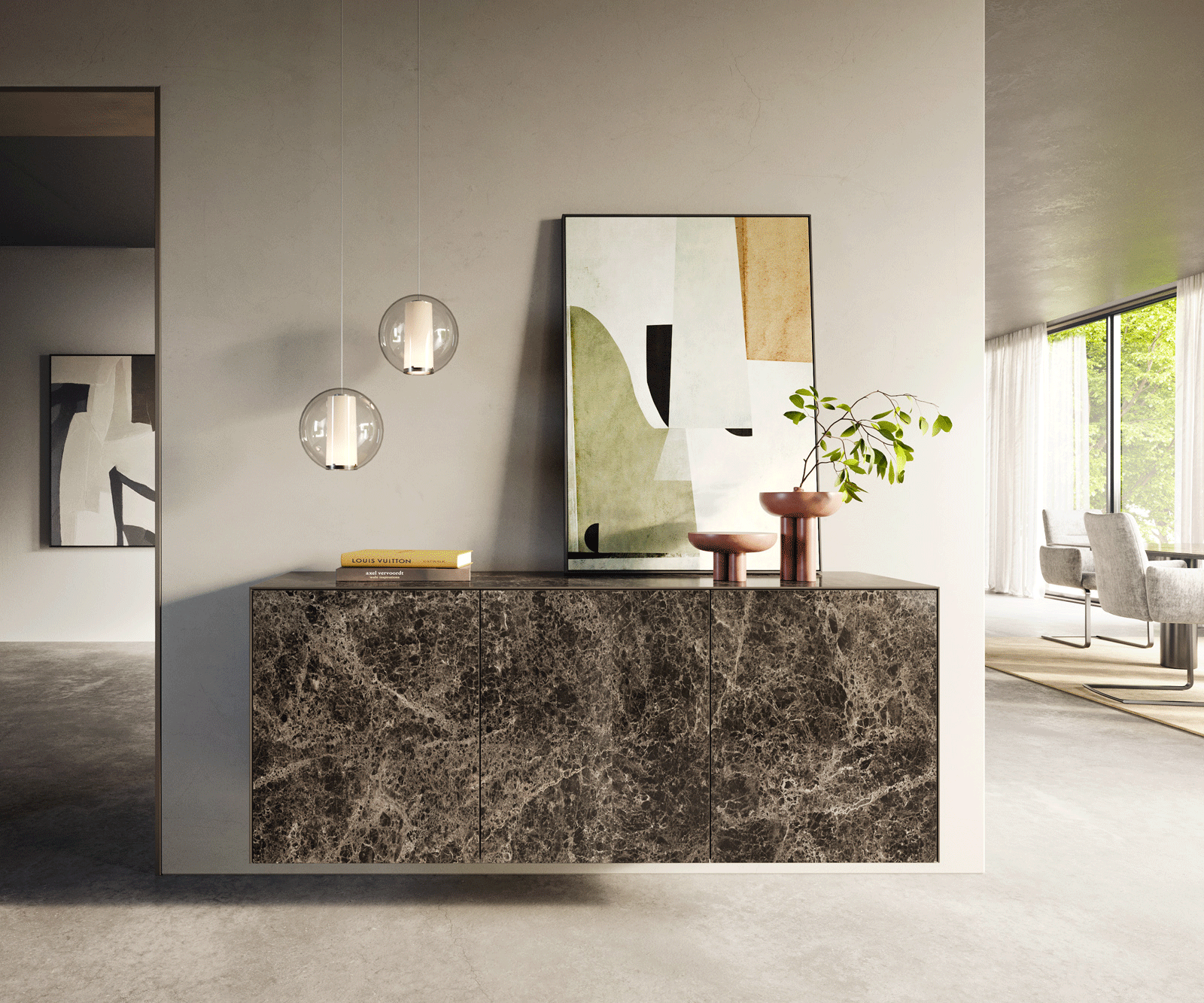 Стенен Бюфет Cuor 150 см Керамика Laminam® Emperador Extra Lucidato Тъмнокафяво 3 врати  2