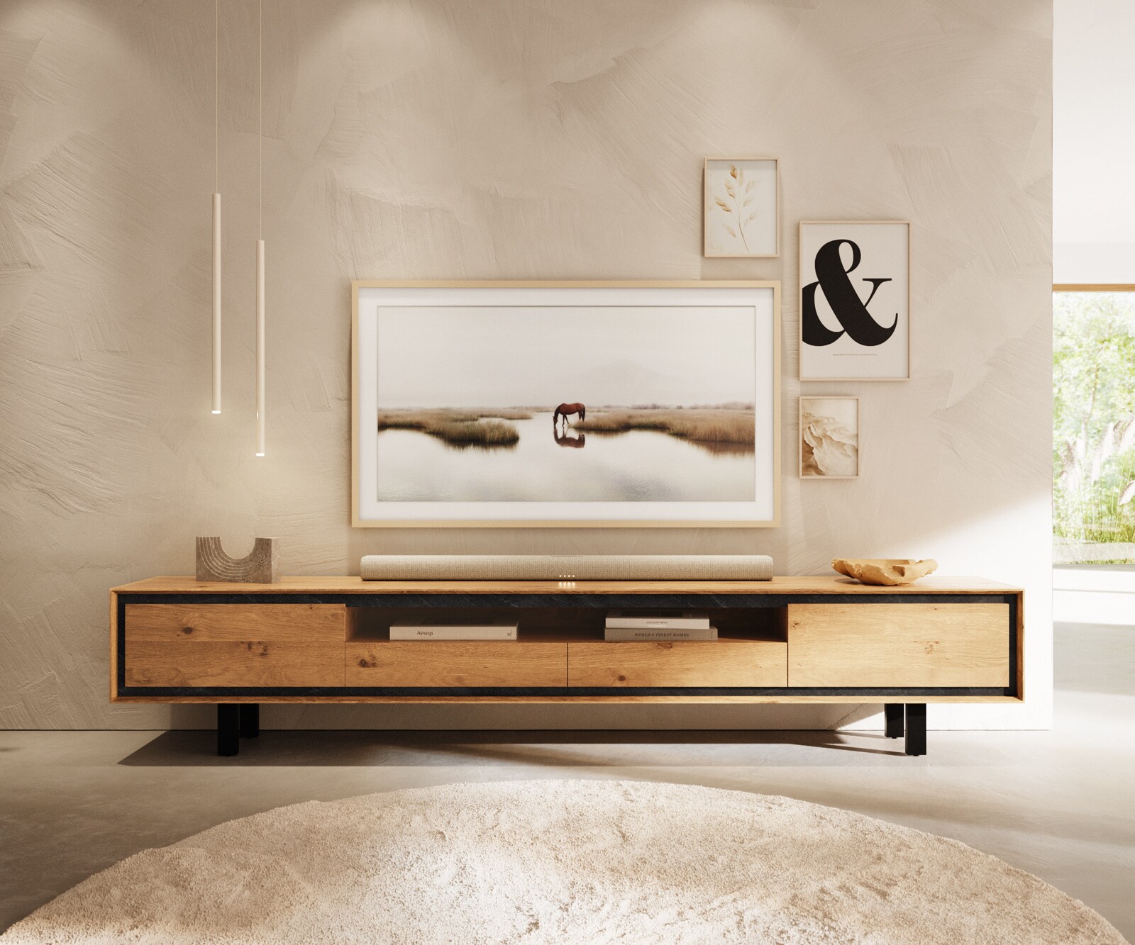 Нисък шкаф Stonegrace 240 cm естествен дъб 2 врати 2 чекмеджета 1 отделение основа квадратен метал черен 2