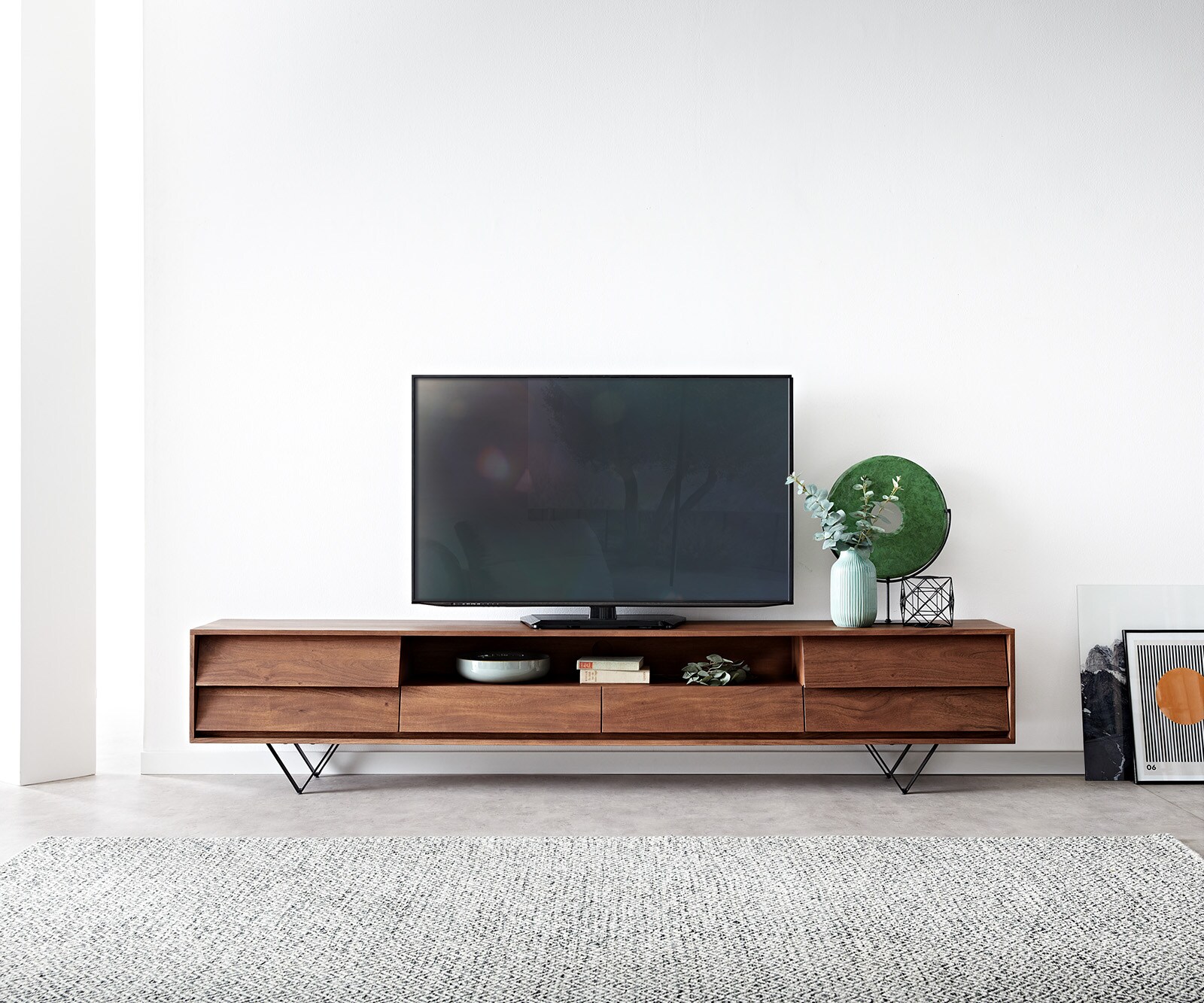 Нисък шкаф 240x35 cm Акация Кафяв 2 Врати 2 Чекмеджета V-Крак Черен Eloi 1