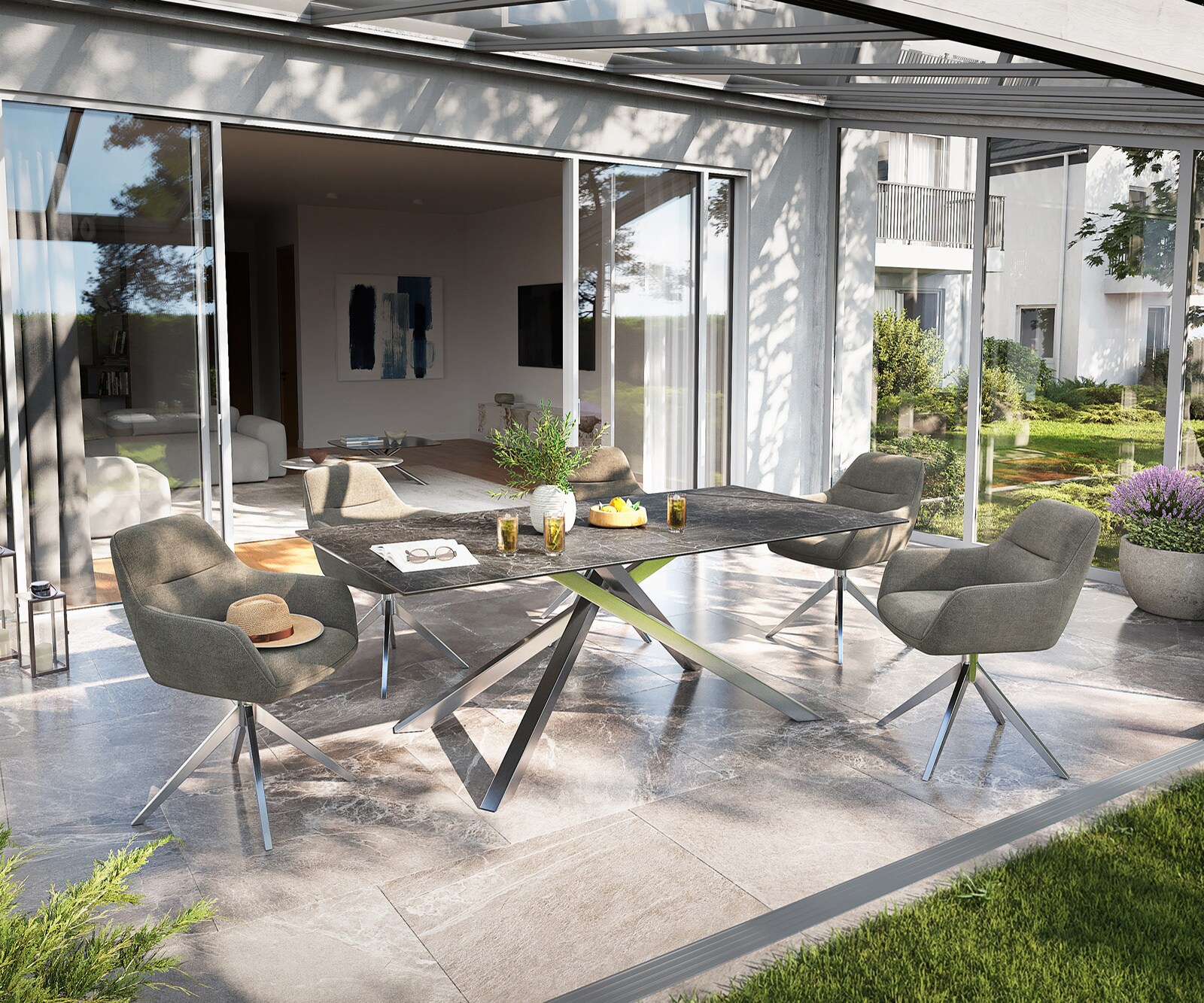 Луксозна външна маса Edge 200x100 см керамичен правоъгален плот Laminam Nero Greco, Кръстовидна основа, Антрацит/Сребристосив 5