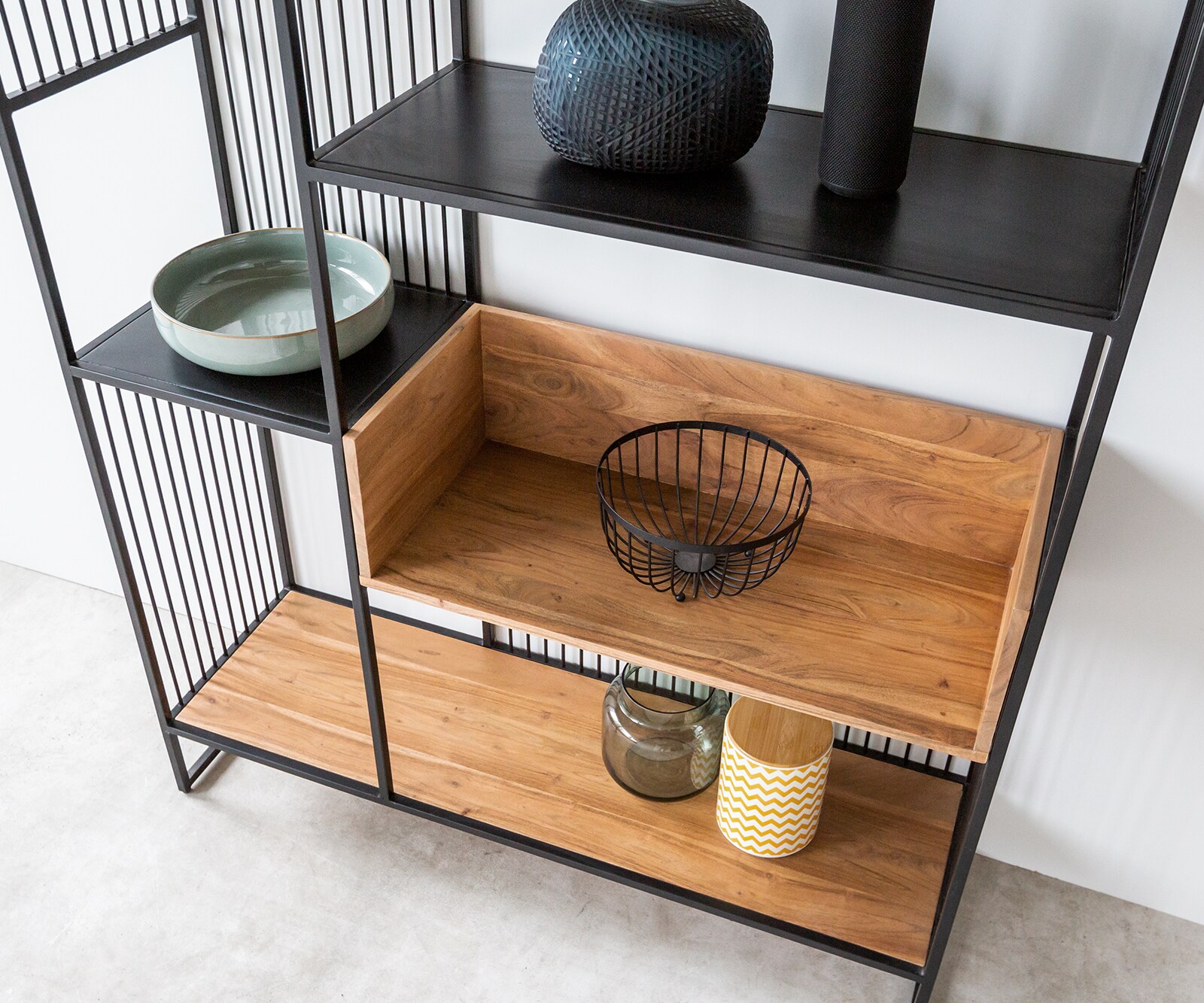 Библиотека Lukeo 115x200 cm естествена акация метал черен 4