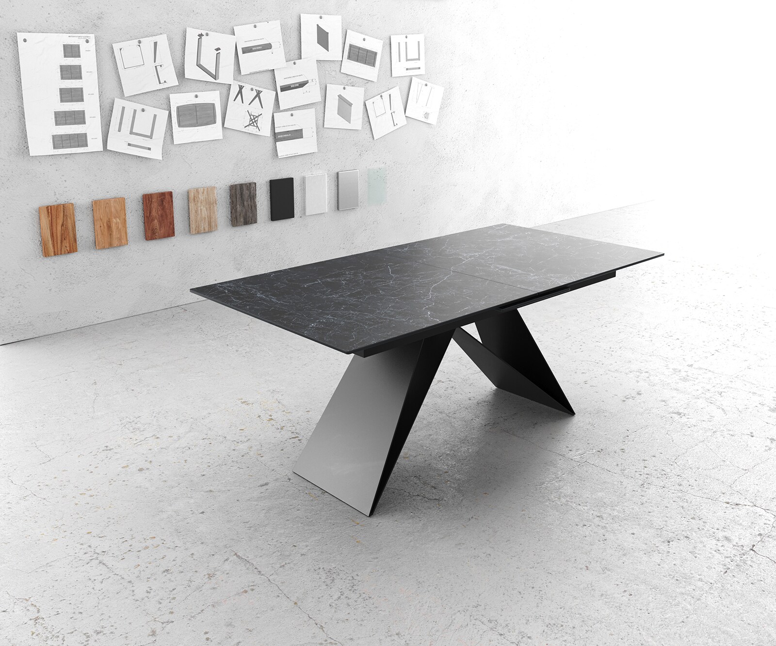 Маса 180-220x90cm Keramik Laminam®Nero Greco Антрацит V-среден крак Черен разтегателна Edge 1