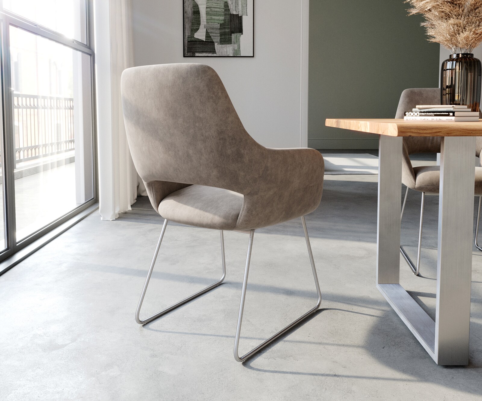 Стол с подлакътници Таупе Винтидж Извити крака Неръждаема стомана Yago-Flex 5