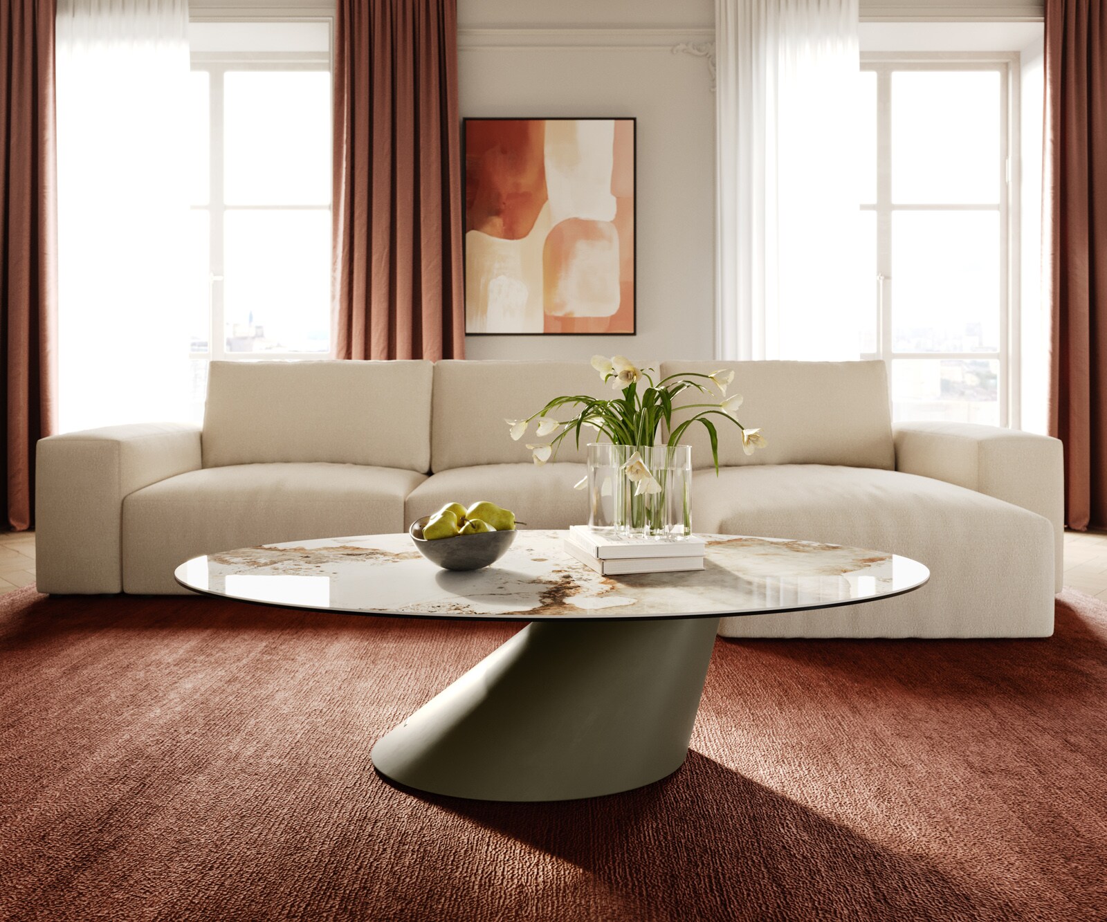 Масичка за кафе Edge Oval 140x80 cm керамика Minas Melange Conis метален ефект покритие титан 2