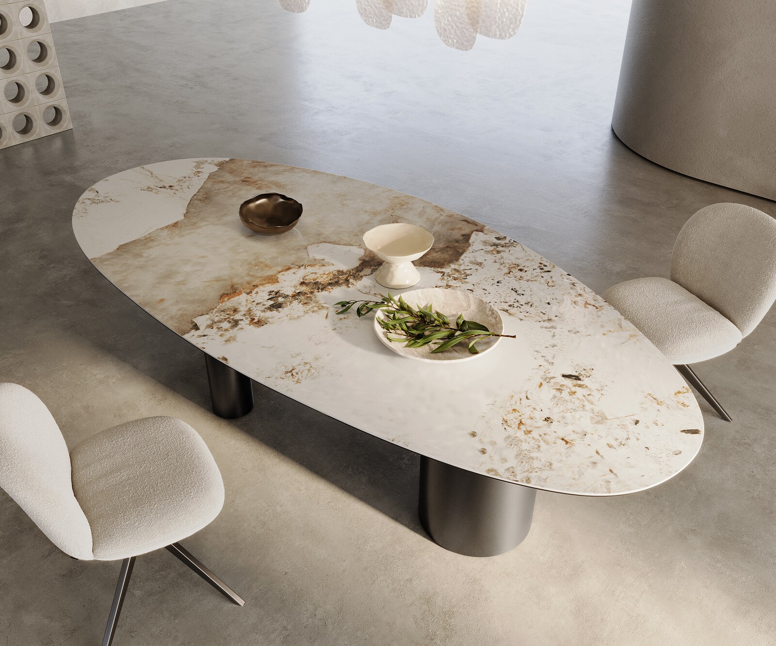 Трапезна маса Edge Oval 280x130, керамика Minas Melange, бяло-бежово, Troa, неръждаема стомана, графит 1