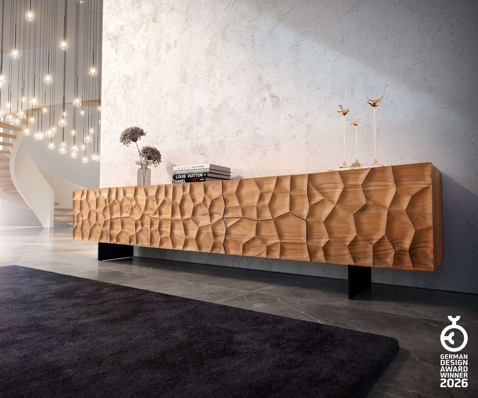 ТВ шкаф 260 cm Акация Натурал 2 Врати 6 Чекмеджета Крак висящ Метал Черен 3D-Front Solu