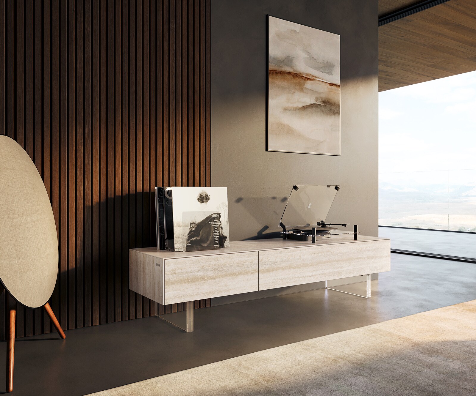 Ниска дъска Cuor 150 cm Керамичен ламинат® Travertino Bianco Крем-бяло 1 клапа 1 чекмедже Основа Плаващ вид акрилно стъкло