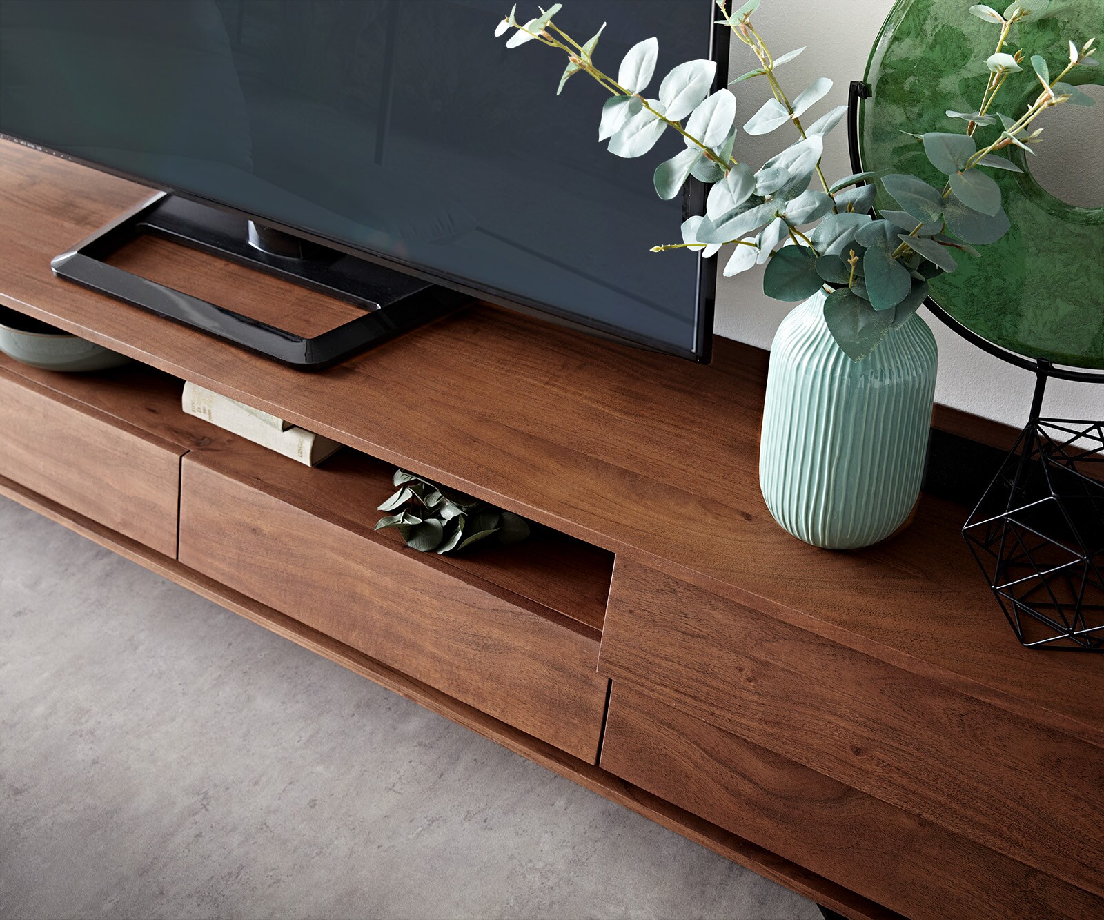 ТВ шкаф 240x35 cm Акация Кафяв 2 Врати 2 Чекмеджета V-Крак Черен Eloi 4